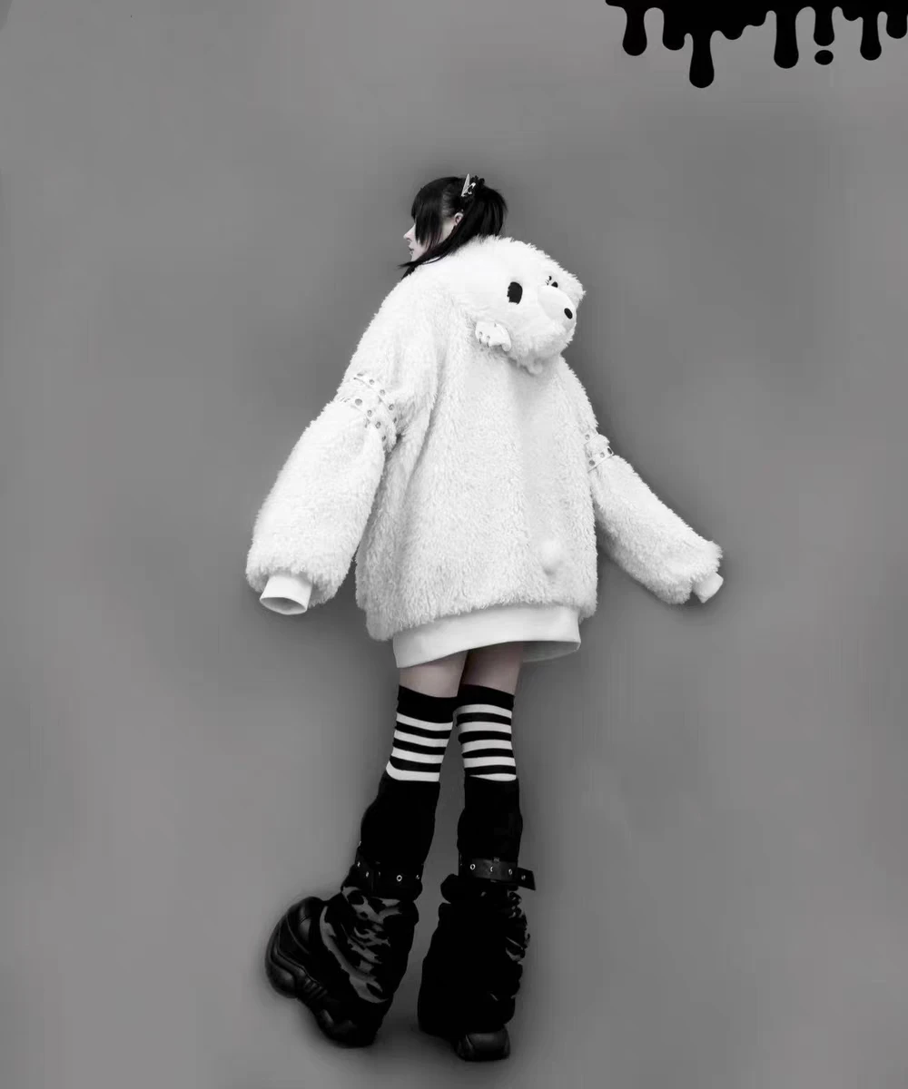 Japanese Gothic Hooded Plush Coat New Autumn Winter Subculture Cool Girl Women's Punk Rivet Lamb Wool Hoodie Jacket Zipper Coat
