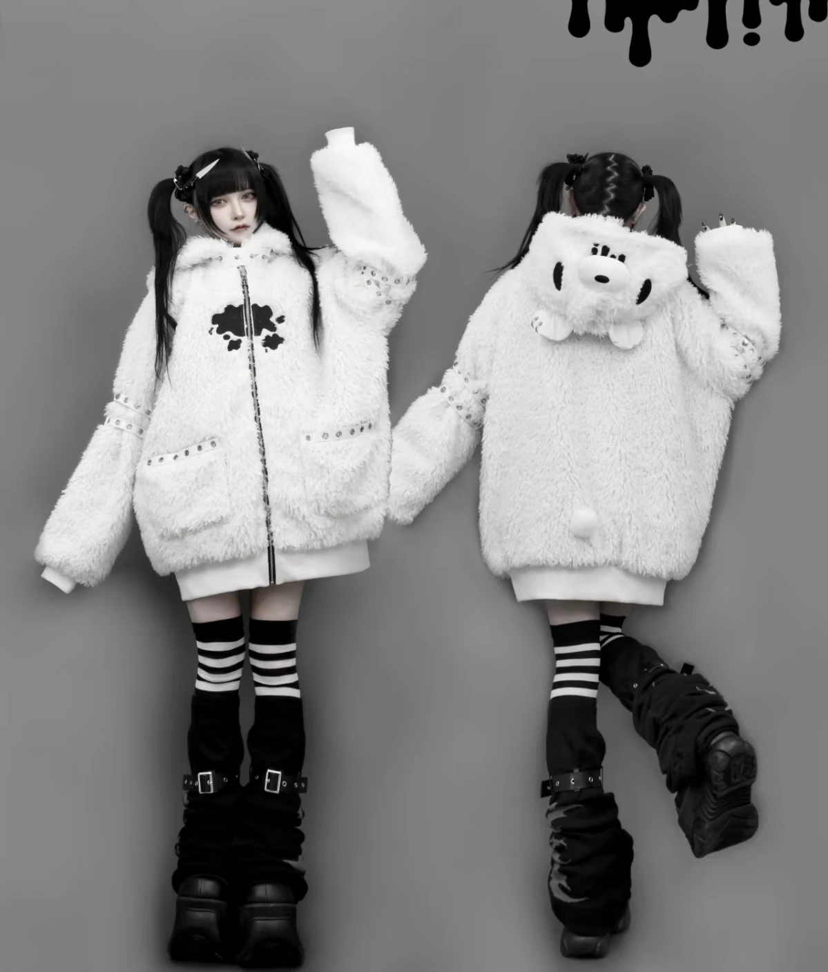 Japanese Gothic Hooded Plush Coat New Autumn Winter Subculture Cool Girl Women's Punk Rivet Lamb Wool Hoodie Jacket Zipper Coat