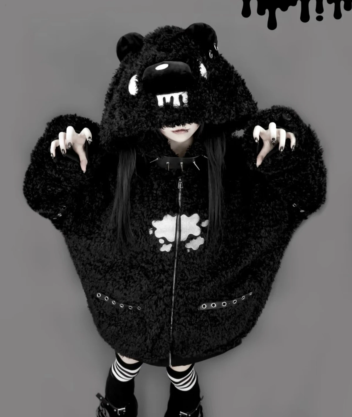 Japanese Gothic Hooded Plush Coat New Autumn Winter Subculture Cool Girl Women's Punk Rivet Lamb Wool Hoodie Jacket Zipper Coat