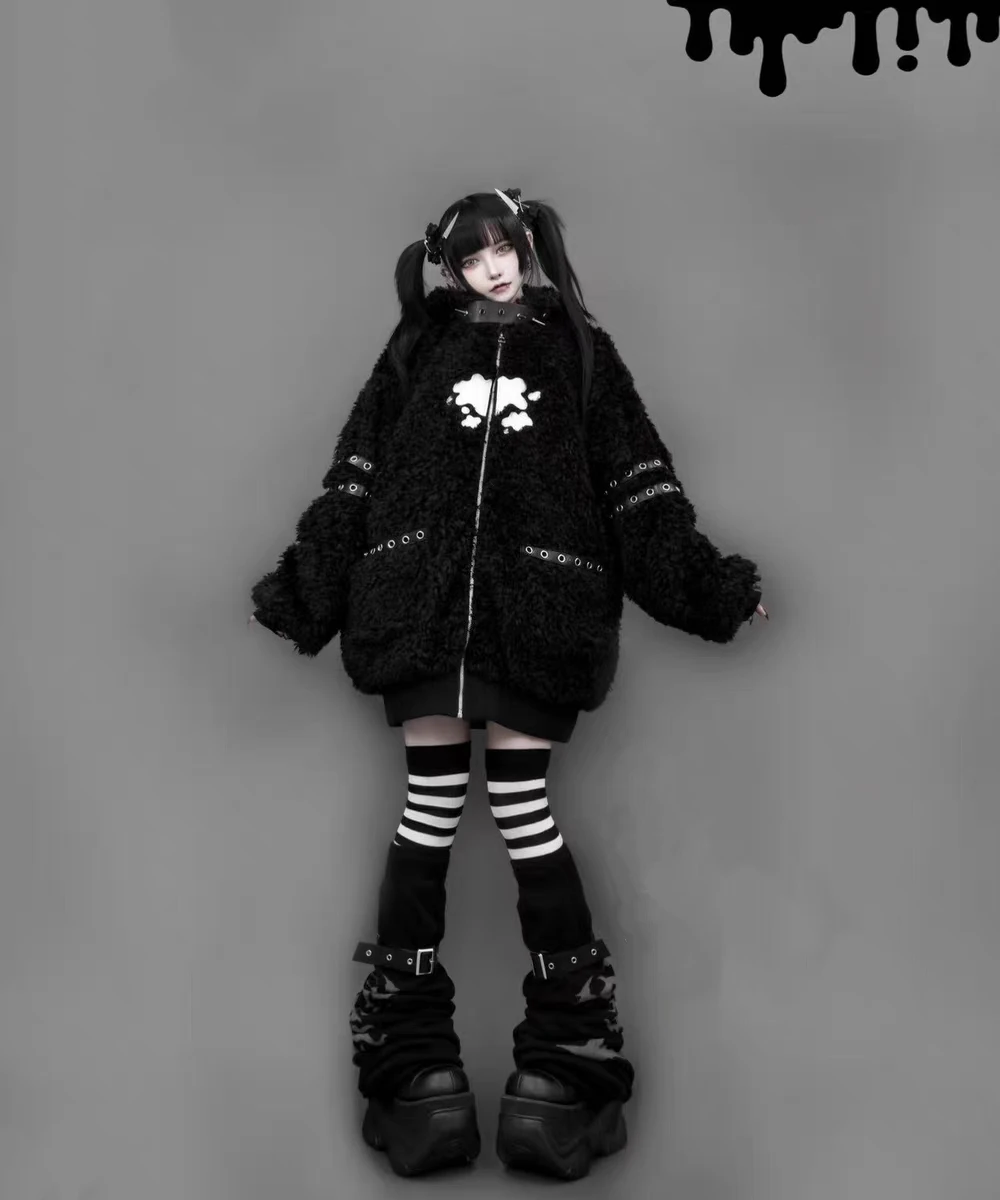 Japanese Gothic Hooded Plush Coat New Autumn Winter Subculture Cool Girl Women's Punk Rivet Lamb Wool Hoodie Jacket Zipper Coat