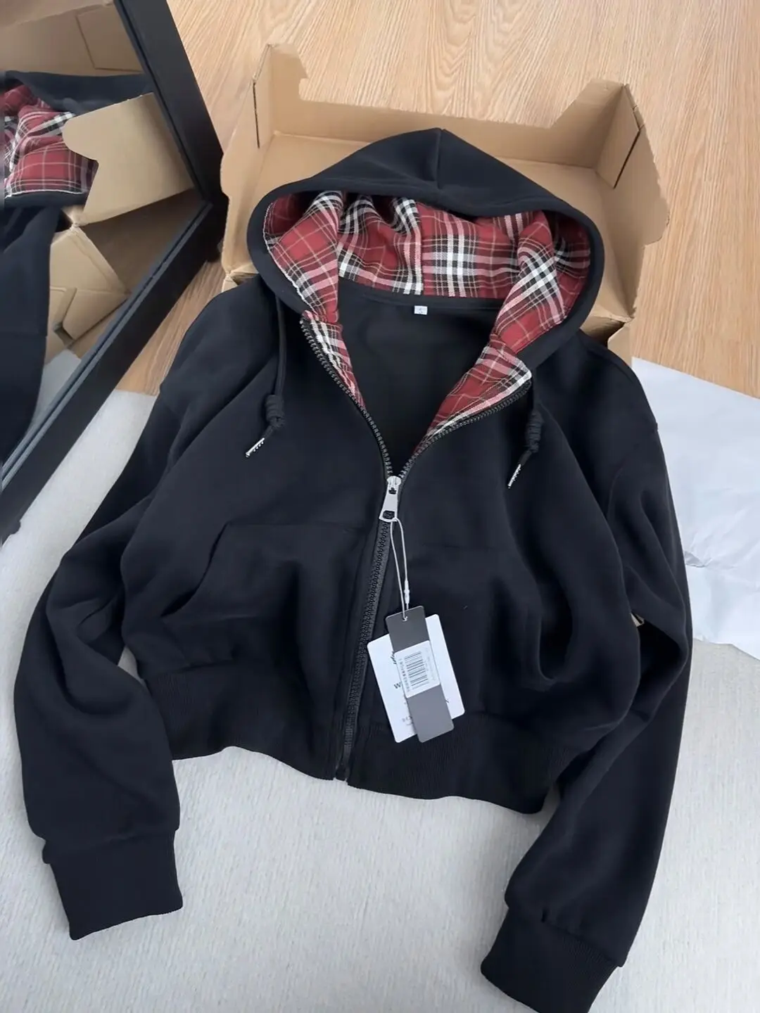 American Vintage Plaid Patchwork Zip Up Hoodie for Women Autumn Winter Loose Casual All Match Cardigan Jacket Women Y2k Top