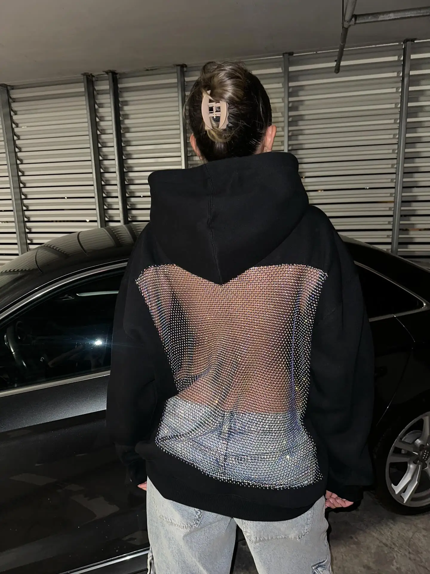 Women Black Hoodie Open Back Mesh Cutout Edgy Streetwear Casual Party Night Comfortable Relaxed Fit Fashion Trendy Chic Top