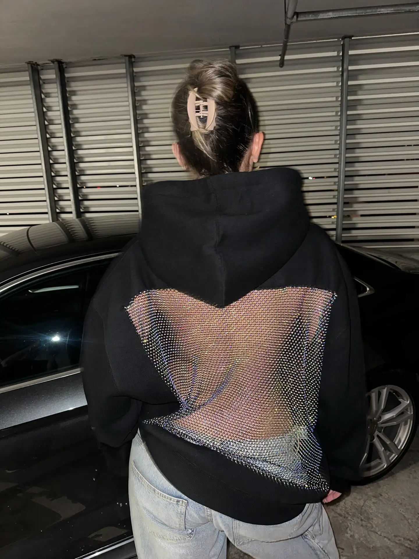 Women Black Hoodie Open Back Mesh Cutout Edgy Streetwear Casual Party Night Comfortable Relaxed Fit Fashion Trendy Chic Top