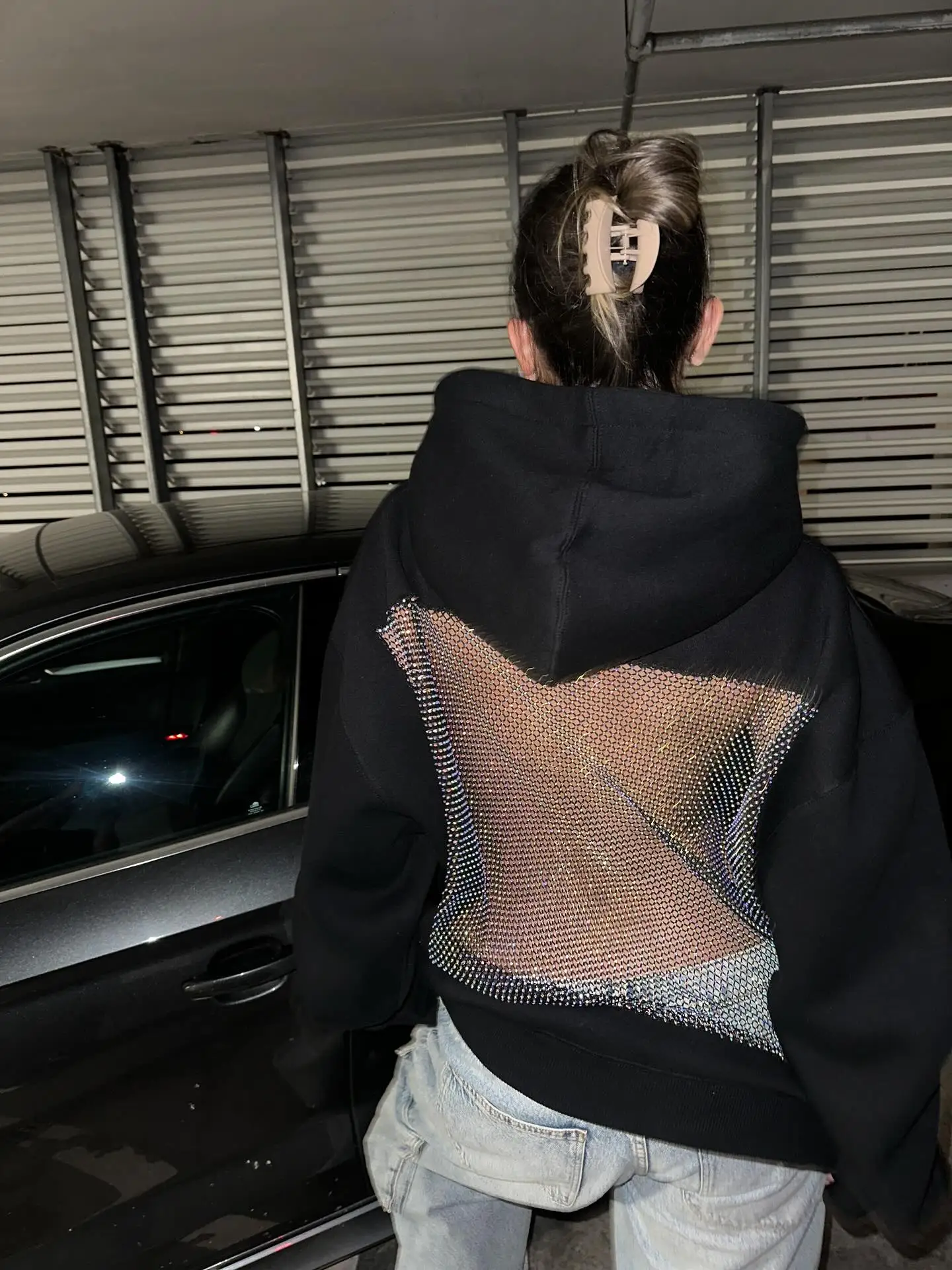 Women Black Hoodie Open Back Mesh Cutout Edgy Streetwear Casual Party Night Comfortable Relaxed Fit Fashion Trendy Chic Top