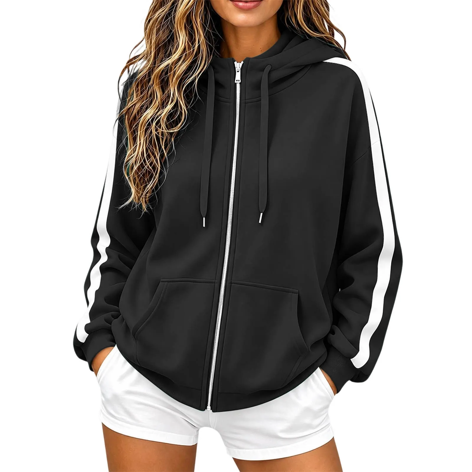 Women Striped Sleeve Zip Up Hoodie Drawstring Hooded Sweatshirt Long Sleeve Pocket Loose Oversized Casual Color Block Jacket Y2k