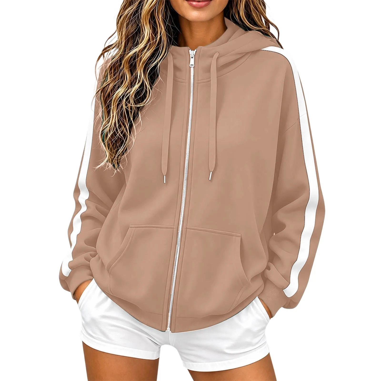 Women Striped Sleeve Zip Up Hoodie Drawstring Hooded Sweatshirt Long Sleeve Pocket Loose Oversized Casual Color Block Jacket Y2k