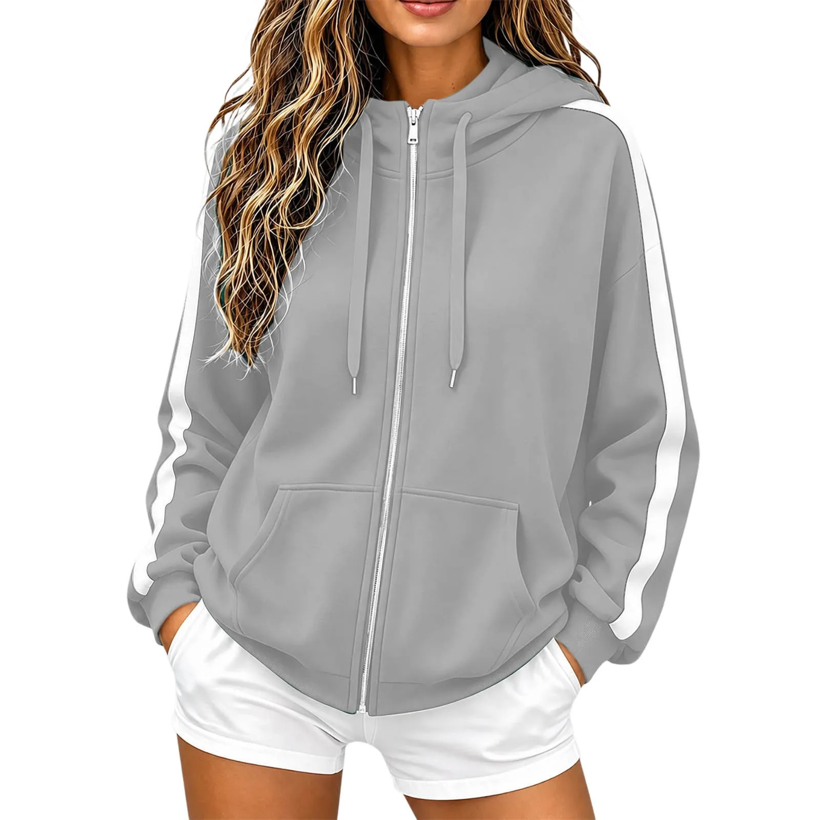 Women Striped Sleeve Zip Up Hoodie Drawstring Hooded Sweatshirt Long Sleeve Pocket Loose Oversized Casual Color Block Jacket Y2k