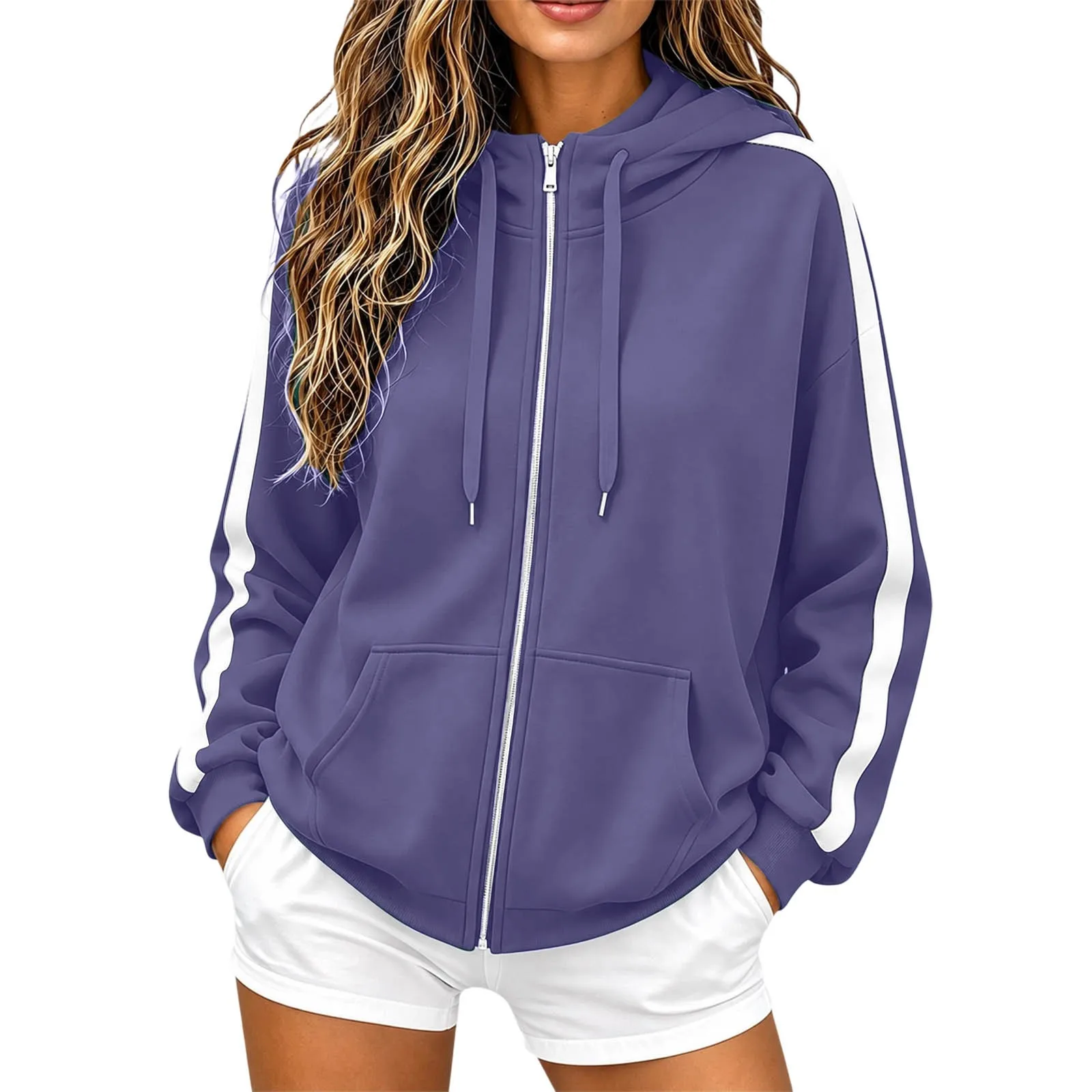 Women Striped Sleeve Zip Up Hoodie Drawstring Hooded Sweatshirt Long Sleeve Pocket Loose Oversized Casual Color Block Jacket Y2k