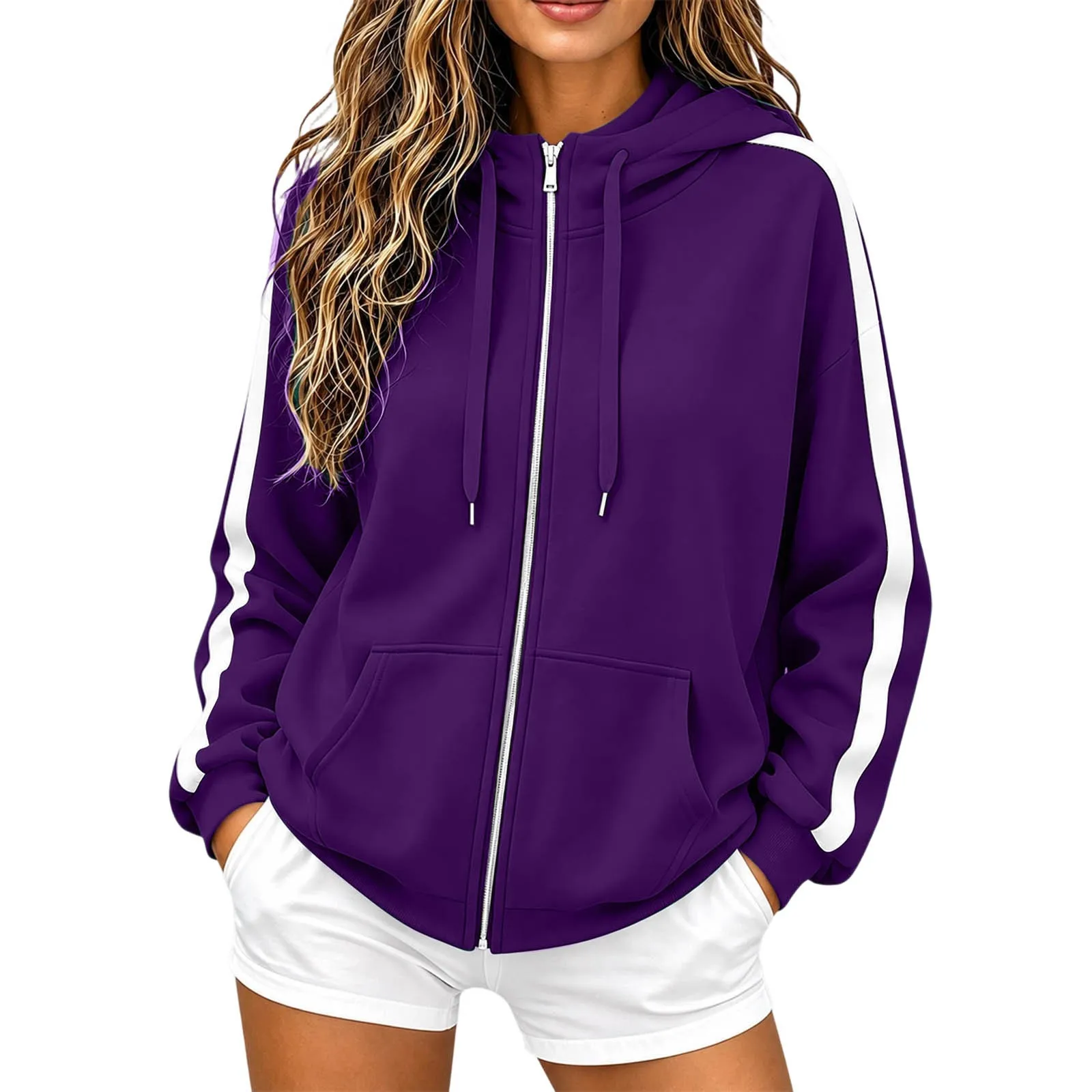 Women Striped Sleeve Zip Up Hoodie Drawstring Hooded Sweatshirt Long Sleeve Pocket Loose Oversized Casual Color Block Jacket Y2k