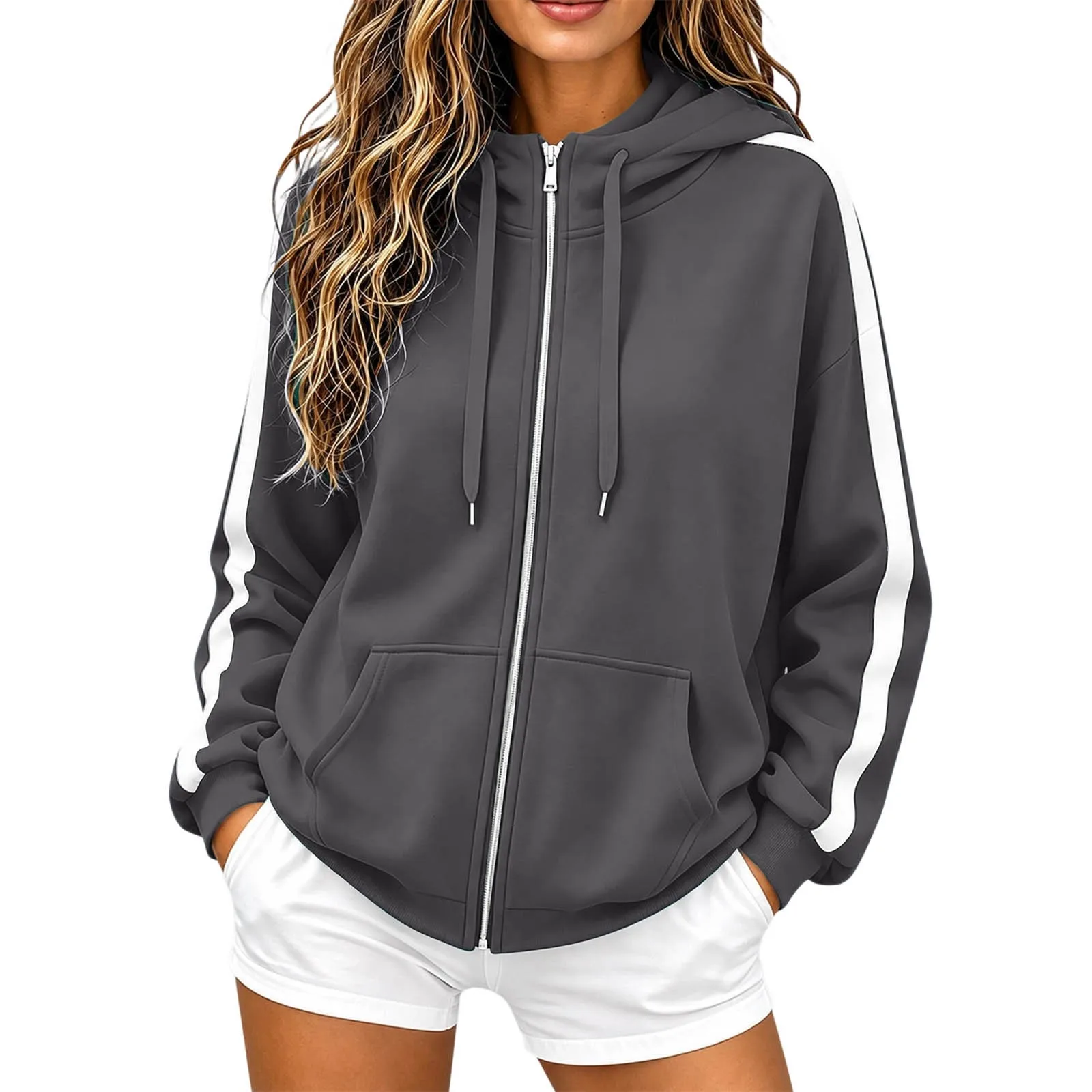 Women Striped Sleeve Zip Up Hoodie Drawstring Hooded Sweatshirt Long Sleeve Pocket Loose Oversized Casual Color Block Jacket Y2k