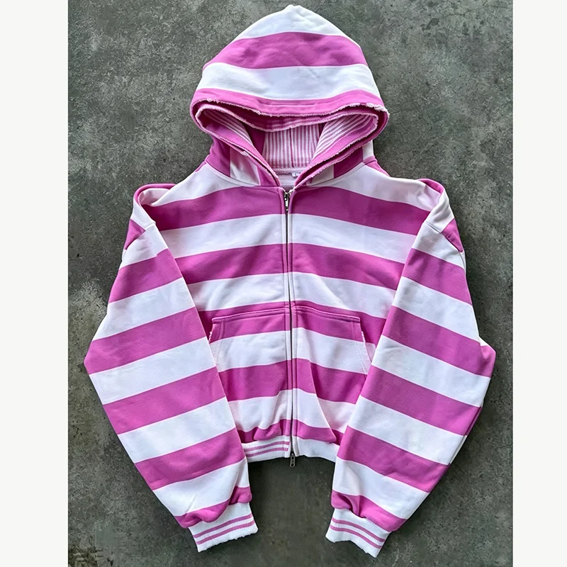 Retro Women's Striped Zipper Hoodie High Street Rip Edge Street Long Sleeve Y2K Sportswear Pocket Fashion Punk Gothic
