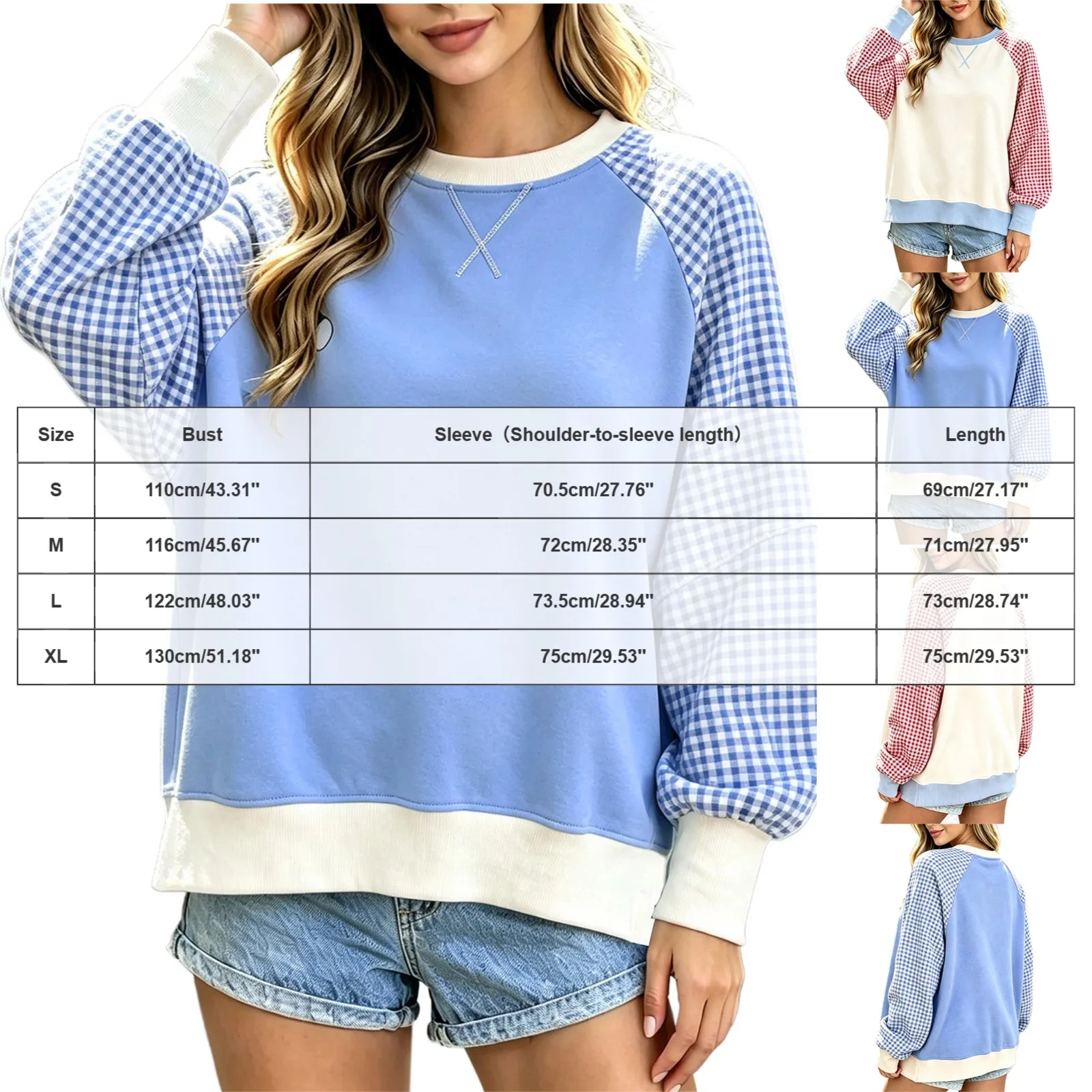 Women Gingham Plaid Raglan Sleeve Sweatshirt Crew Neck Cross Decor Color Block Long Sleeve Top Loose Casual Patchwork Sweatshirt