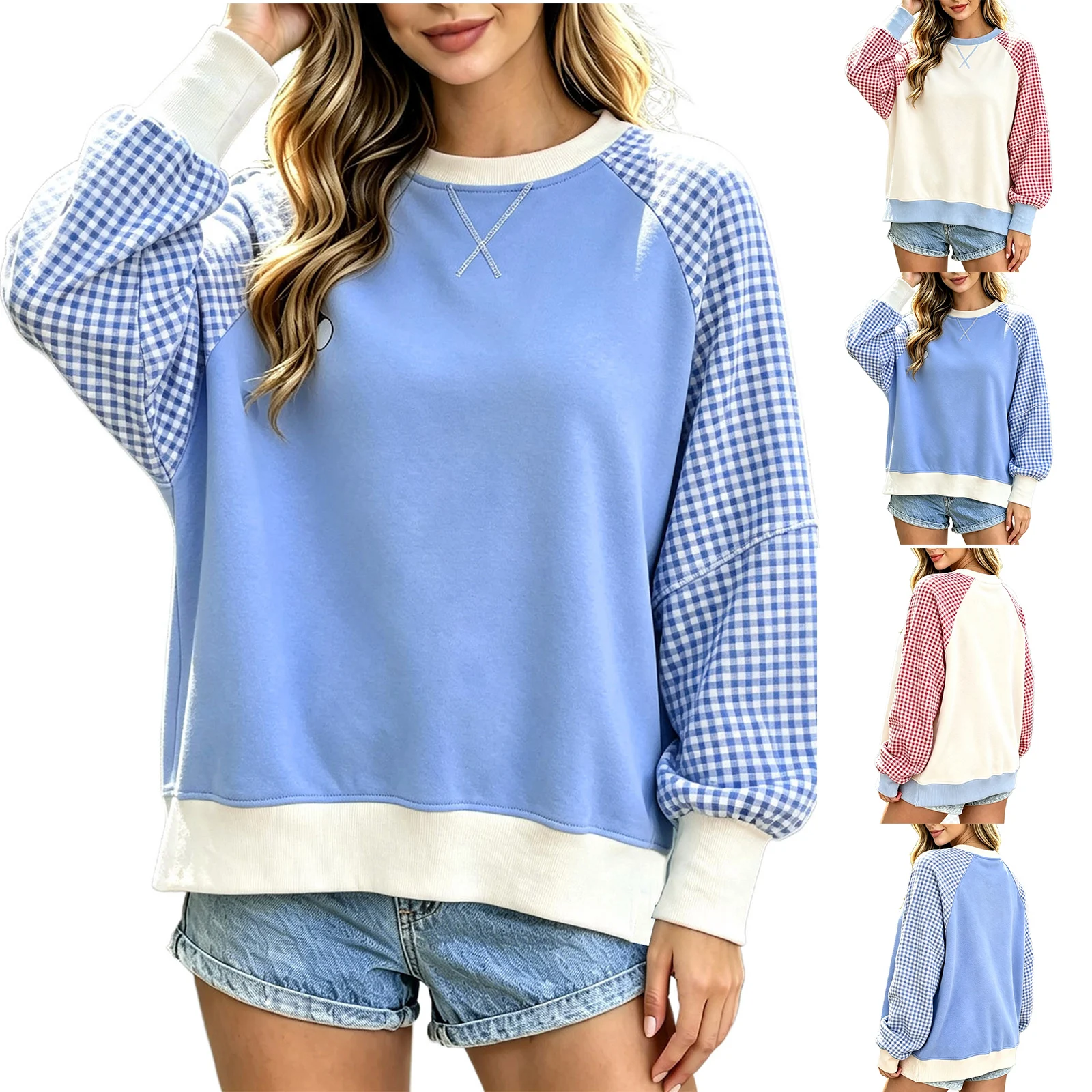 Women Gingham Plaid Raglan Sleeve Sweatshirt Crew Neck Cross Decor Color Block Long Sleeve Top Loose Casual Patchwork Sweatshirt