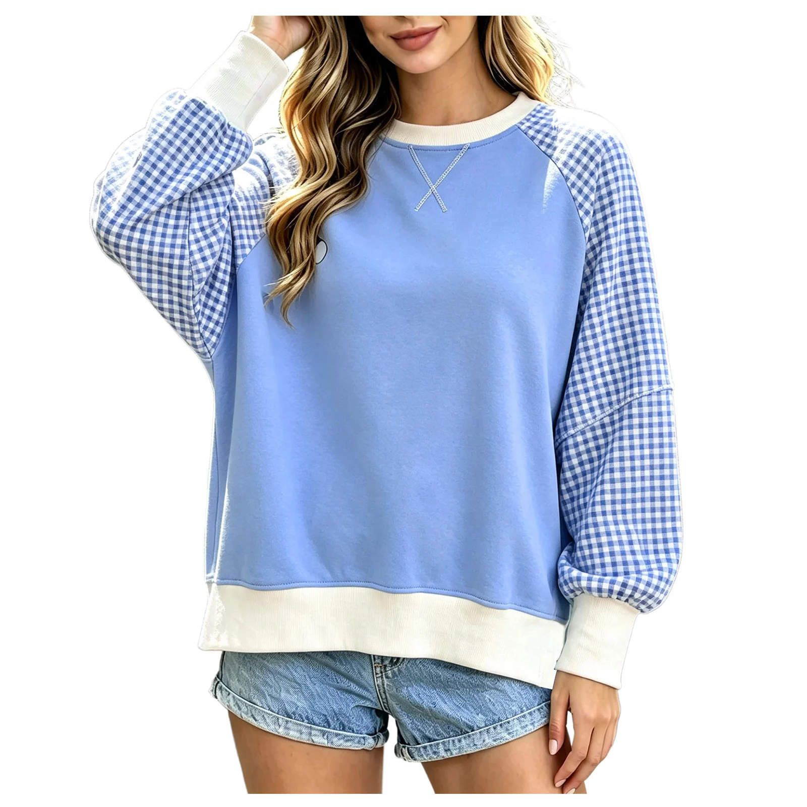 Women Gingham Plaid Raglan Sleeve Sweatshirt Crew Neck Cross Decor Color Block Long Sleeve Top Loose Casual Patchwork Sweatshirt
