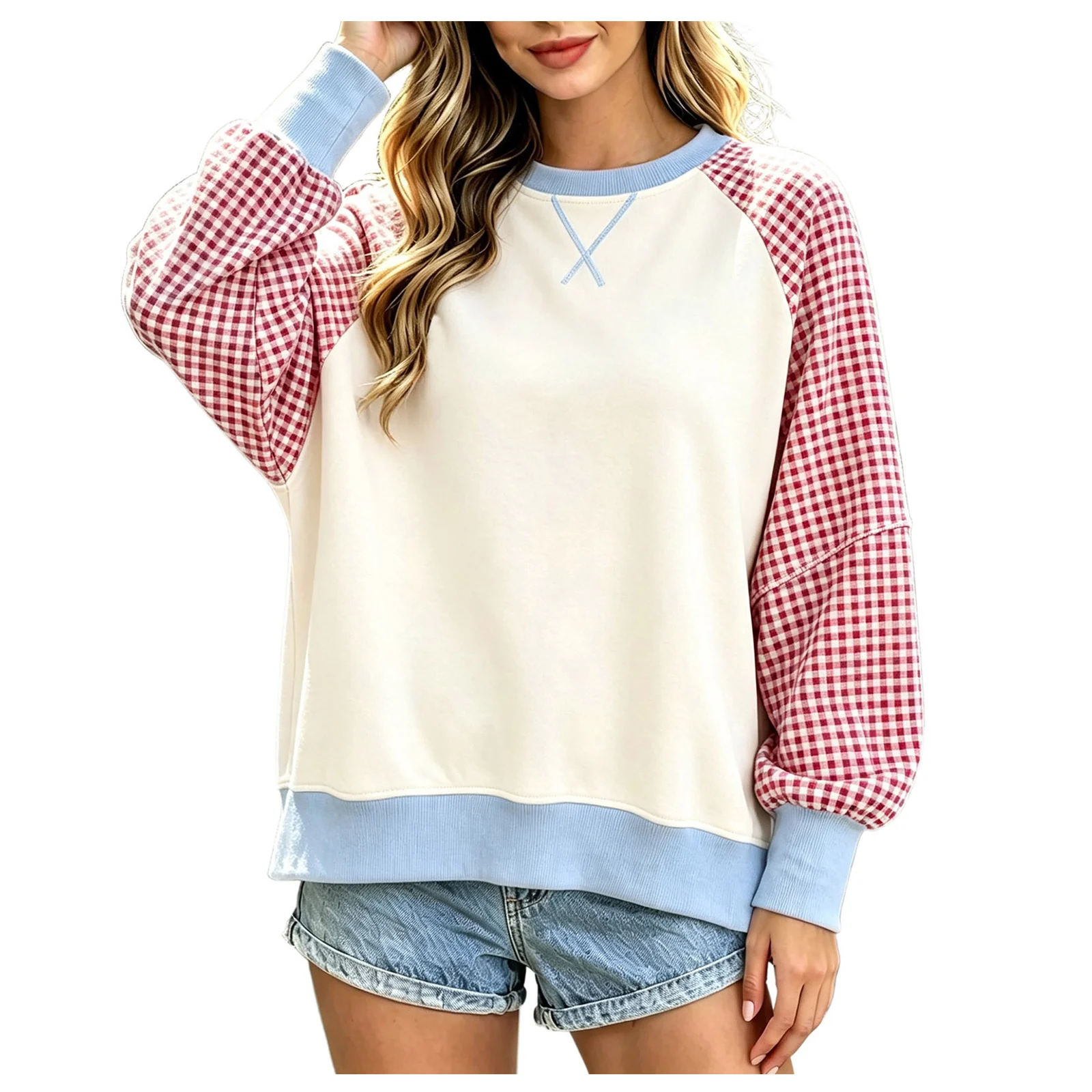 Women Gingham Plaid Raglan Sleeve Sweatshirt Crew Neck Cross Decor Color Block Long Sleeve Top Loose Casual Patchwork Sweatshirt