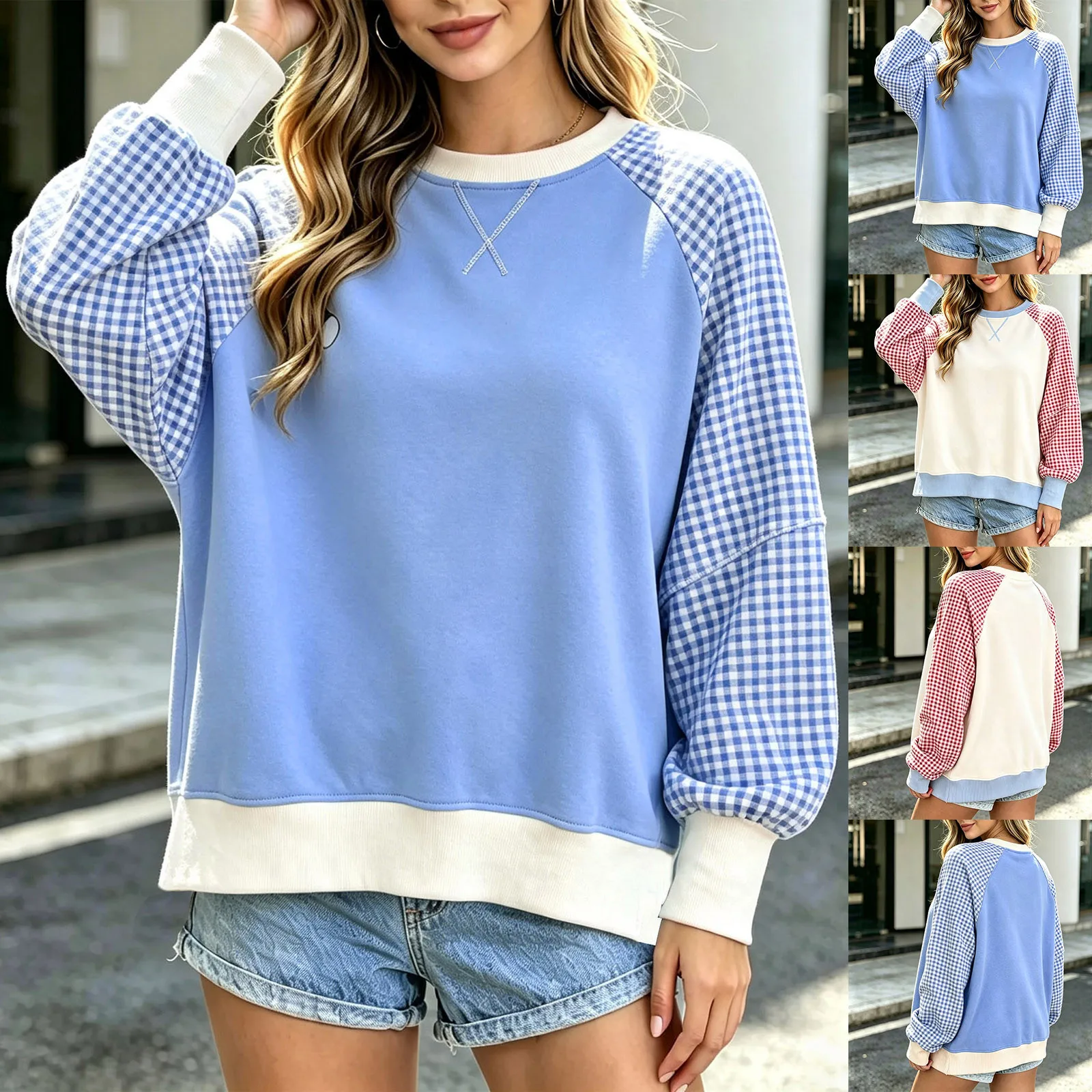 Women Gingham Plaid Raglan Sleeve Sweatshirt Crew Neck Cross Decor Color Block Long Sleeve Top Loose Casual Patchwork Sweatshirt