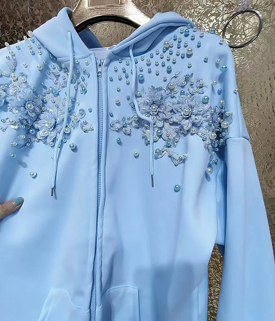 Beaded Sequined Stitch Hoodie Women Cotton Sweatshirts Long Sleeve Outerwears Female Zipper Cardigan Coat 2025 Woman Clothing