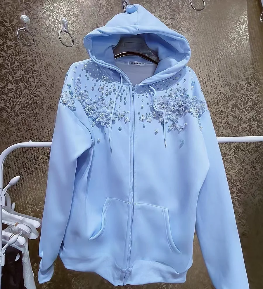 Beaded Sequined Stitch Hoodie Women Cotton Sweatshirts Long Sleeve Outerwears Female Zipper Cardigan Coat 2025 Woman Clothing