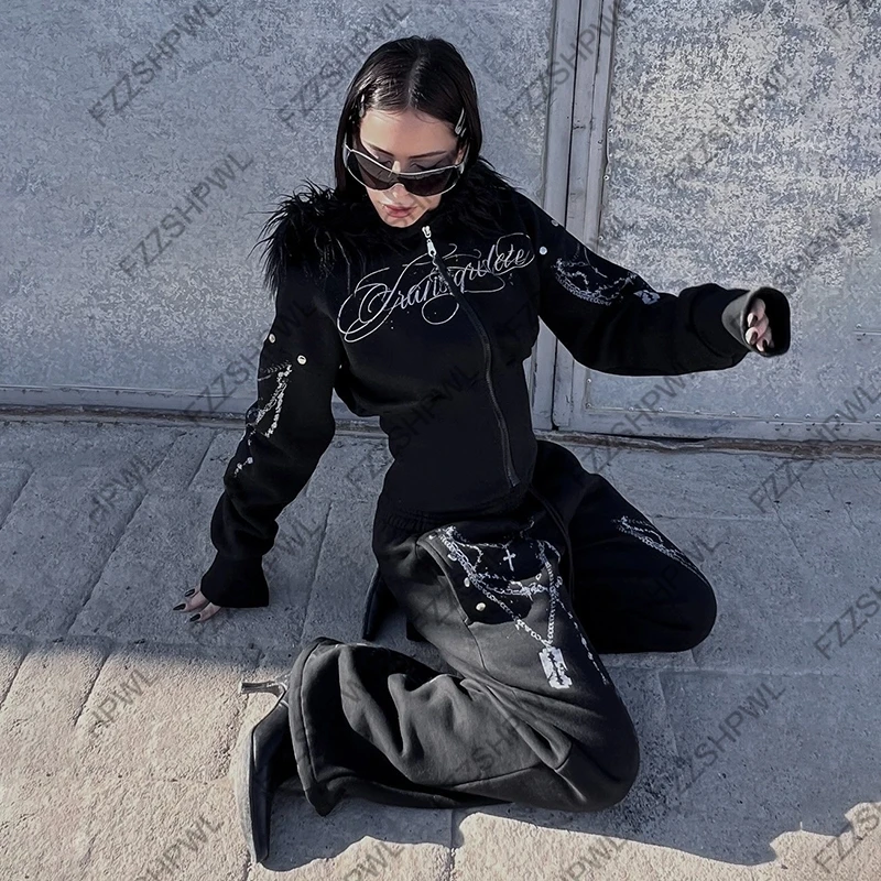 Hip Hop Streetwear Dark Faux Fur Collar Y2K Zip up hoodie Harajuku Graphic Print Punk Clothes Rock Goth Zipper Hoodie sweatshirt