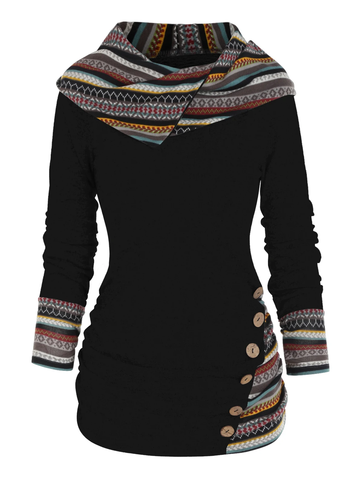 Dressfo Women's Hoodie Tops Tribal Geometric Stripe Panel Hooded Knit Top Long Sleeve Mock Button Knitted Top