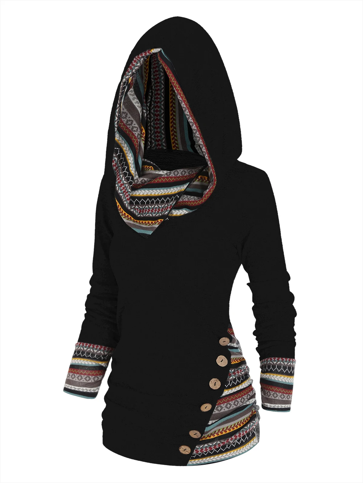 Dressfo Women's Hoodie Tops Tribal Geometric Stripe Panel Hooded Knit Top Long Sleeve Mock Button Knitted Top