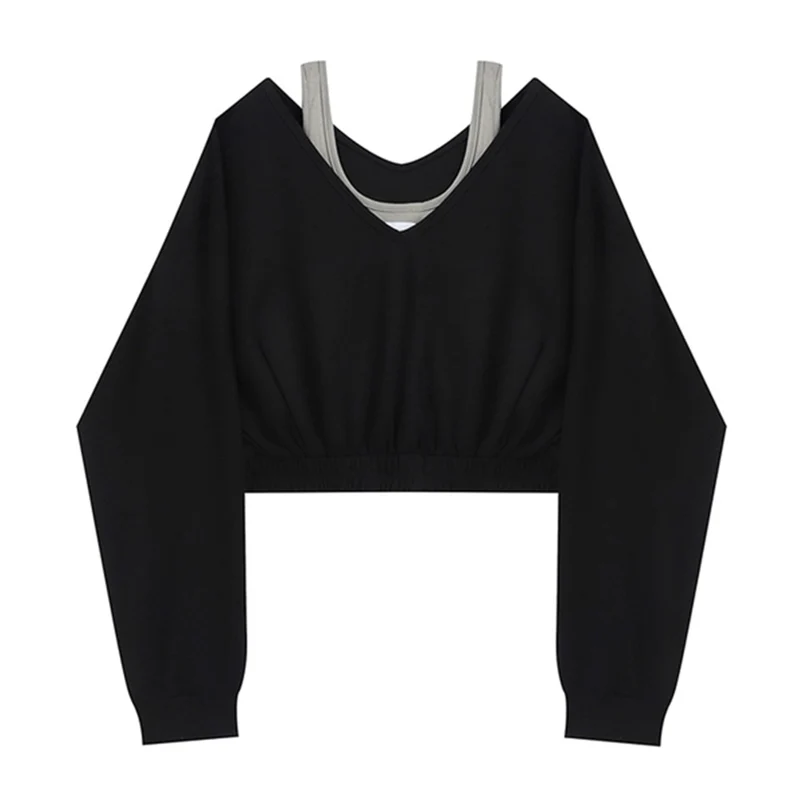 Woman Sweatshirt Hoodies Fashion Female Chic Loose Casual Streetwear Patchwork Ins Street Y2K Fake Two Pieces Hoodies Crop Top