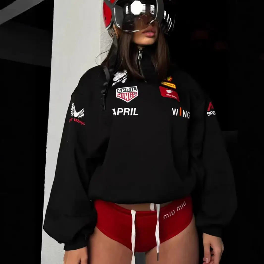 Hip Hop Sports Racing Half Zipper Letter Print Sportswear Loose Sweatshirt Women Autumn 2026 Casual Hoodies Clothes Sudadera Top