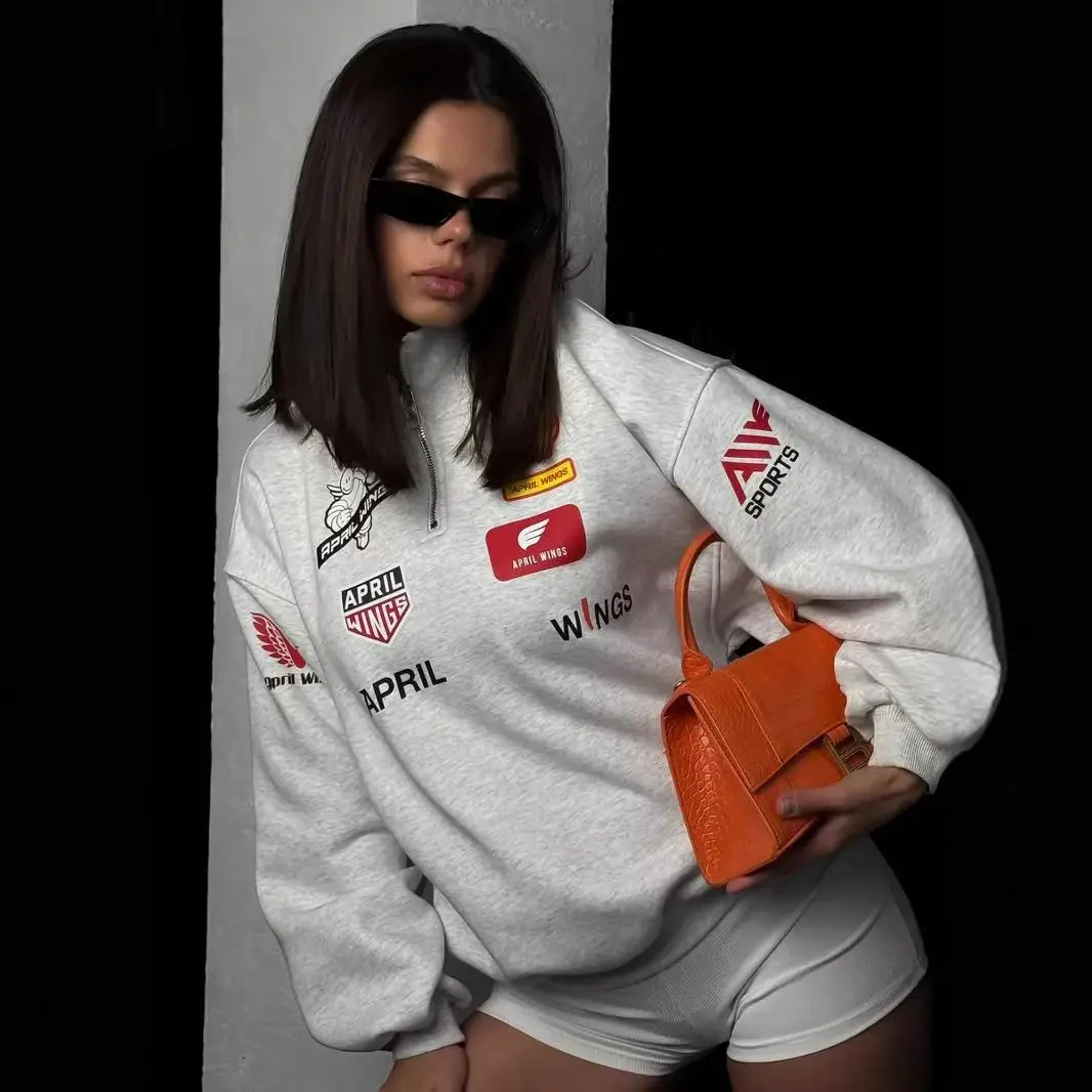 Hip Hop Sports Racing Half Zipper Letter Print Sportswear Loose Sweatshirt Women Autumn 2026 Casual Hoodies Clothes Sudadera Top
