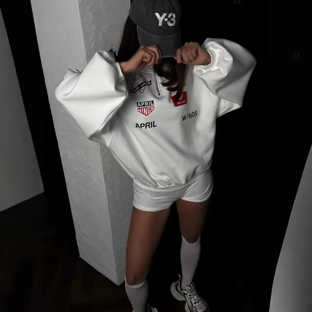 Hip Hop Sports Racing Half Zipper Letter Print Sportswear Loose Sweatshirt Women Autumn 2026 Casual Hoodies Clothes Sudadera Top