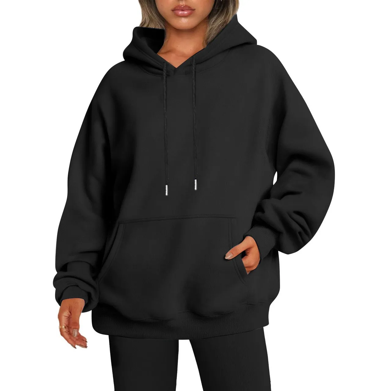 Women's Oversized Drop Shoulder Streetwear Hoodie Long Sleeve Solid Color Loose Fit Casual Mid Long Ribbed Basic Sweatshirt