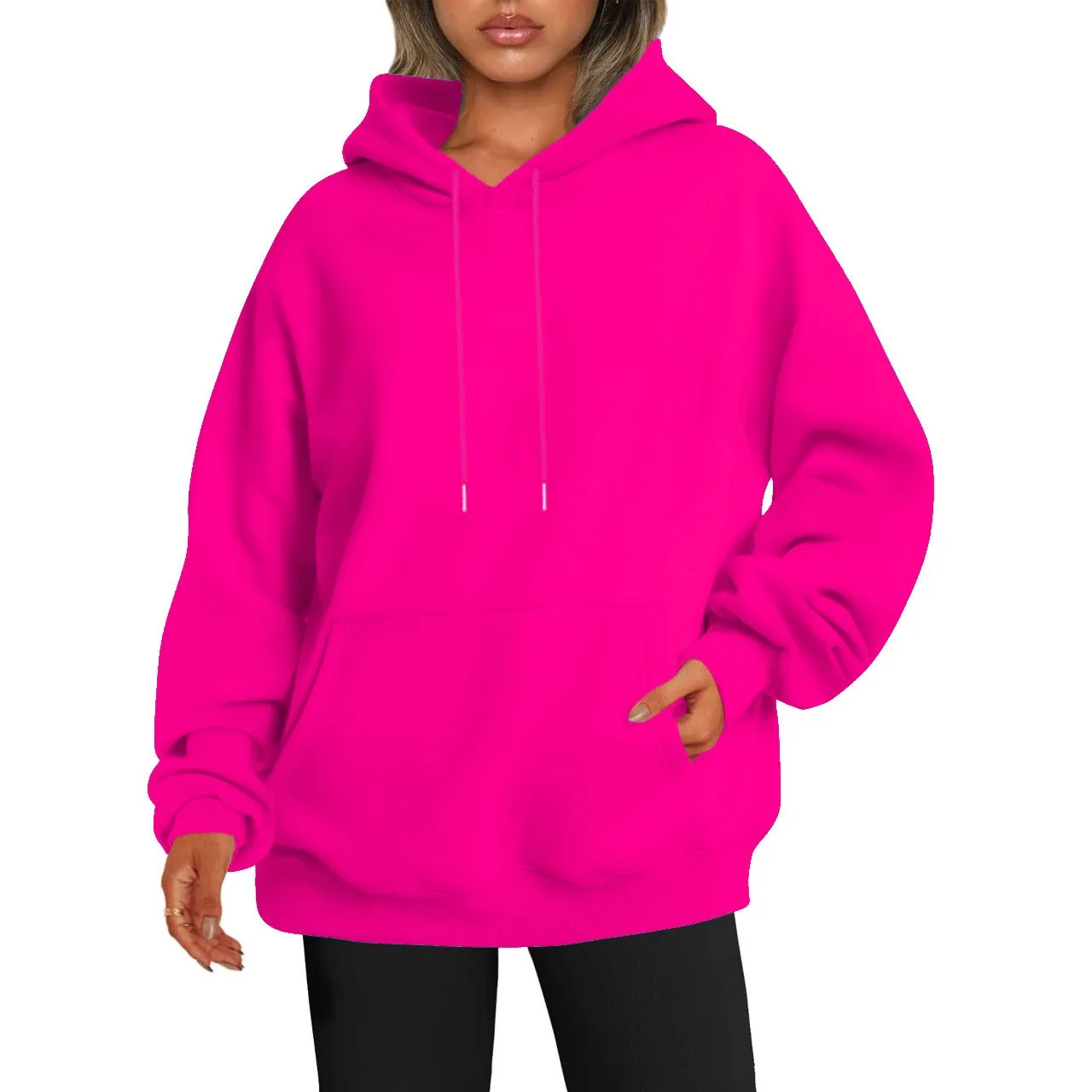 Women's Oversized Drop Shoulder Streetwear Hoodie Long Sleeve Solid Color Loose Fit Casual Mid Long Ribbed Basic Sweatshirt