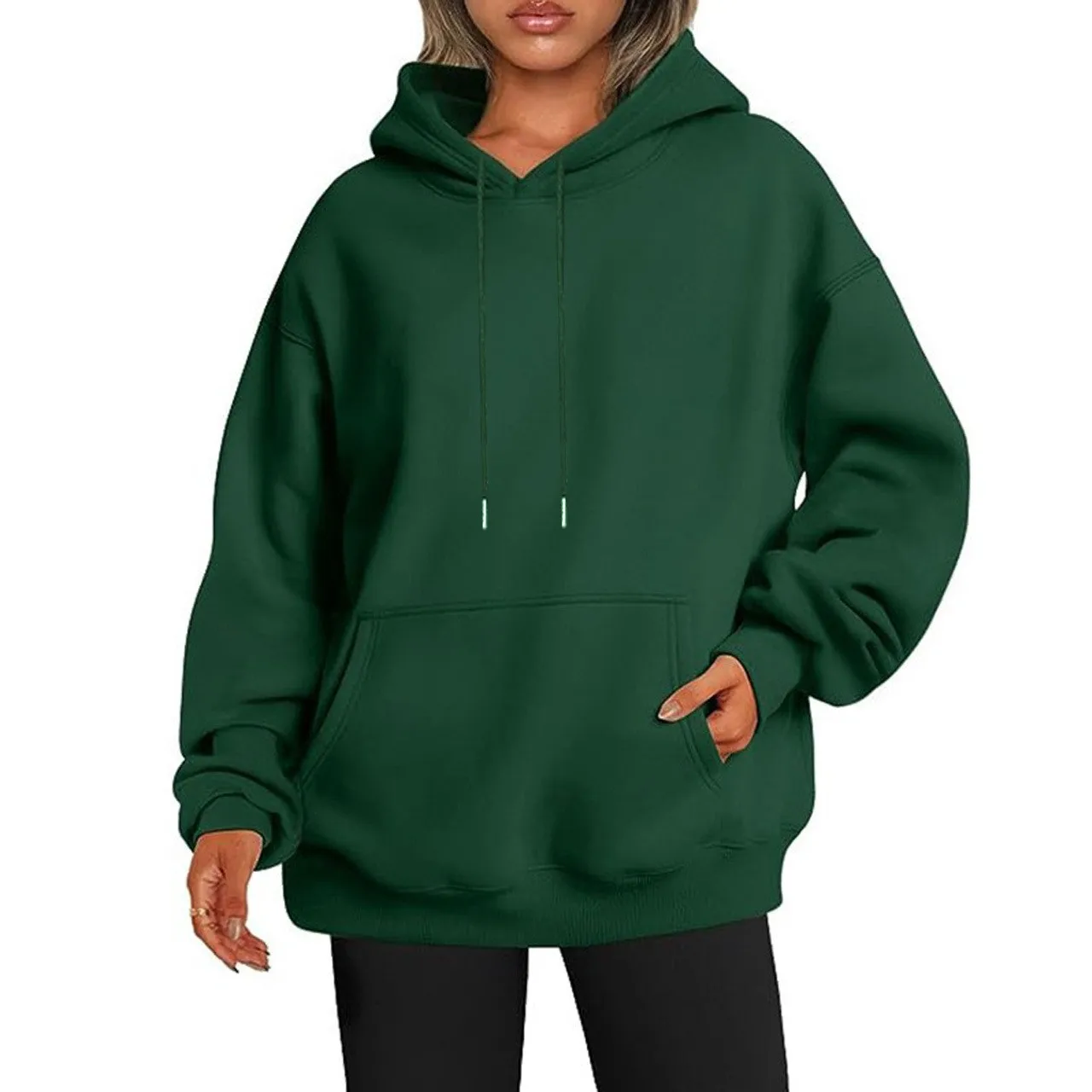 Women's Oversized Drop Shoulder Streetwear Hoodie Long Sleeve Solid Color Loose Fit Casual Mid Long Ribbed Basic Sweatshirt