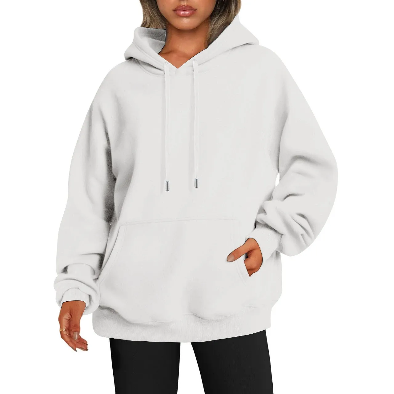 Women's Oversized Drop Shoulder Streetwear Hoodie Long Sleeve Solid Color Loose Fit Casual Mid Long Ribbed Basic Sweatshirt