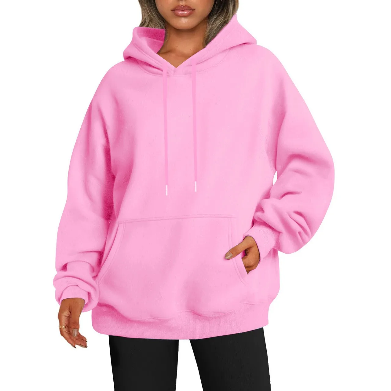 Women's Oversized Drop Shoulder Streetwear Hoodie Long Sleeve Solid Color Loose Fit Casual Mid Long Ribbed Basic Sweatshirt