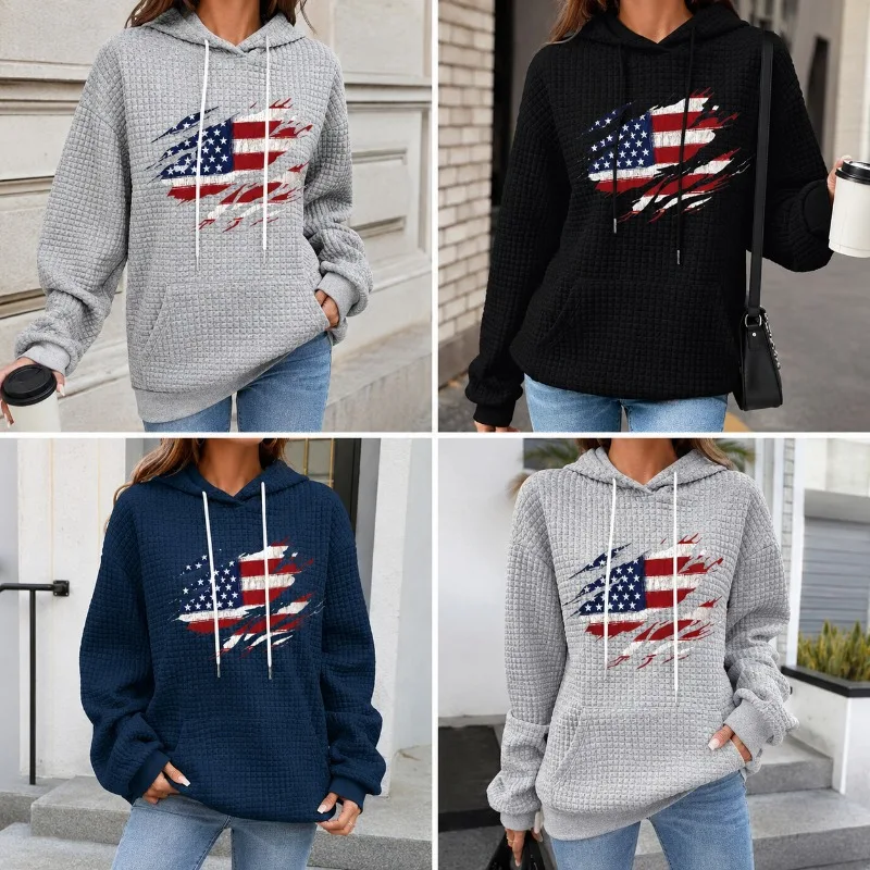 Retro Street Long Sleeve Flag Hoodie Waffe Fabric Harajuku Casual Sweatshirt All Match Men and Women Clothing Pullover Hoodies