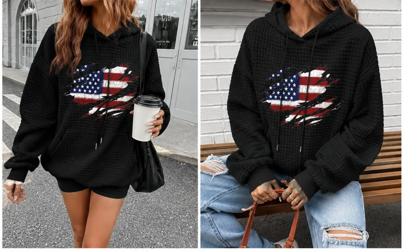 Retro Street Long Sleeve Flag Hoodie Waffe Fabric Harajuku Casual Sweatshirt All Match Men and Women Clothing Pullover Hoodies