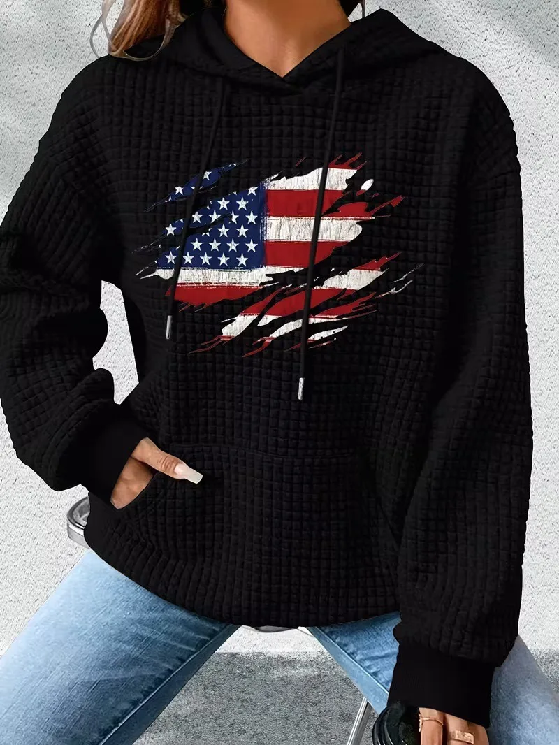 Retro Street Long Sleeve Flag Hoodie Waffe Fabric Harajuku Casual Sweatshirt All Match Men and Women Clothing Pullover Hoodies
