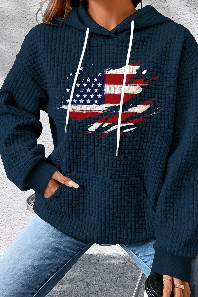 Retro Street Long Sleeve Flag Hoodie Waffe Fabric Harajuku Casual Sweatshirt All Match Men and Women Clothing Pullover Hoodies