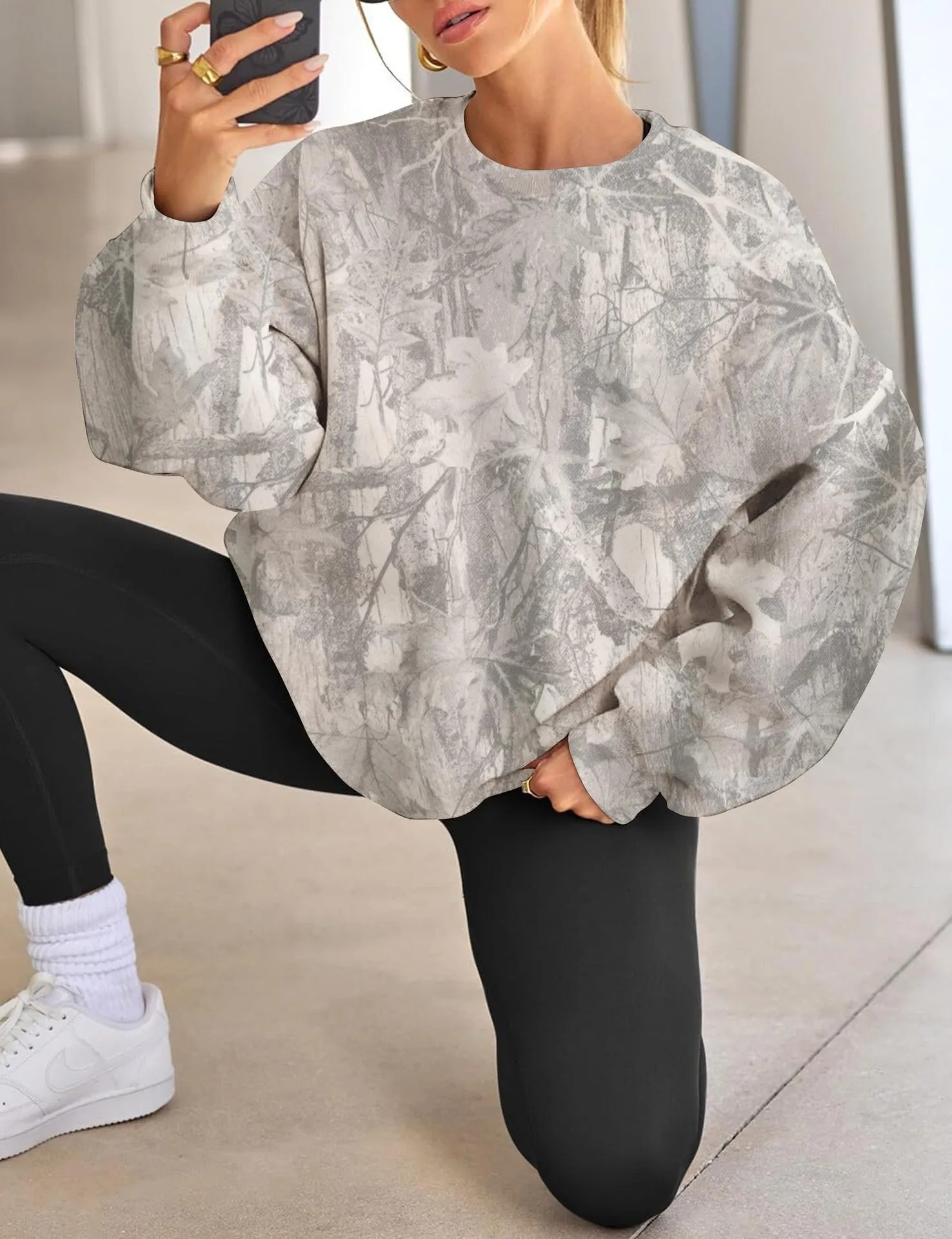Printed Loose Fit Hoodie Mid Length Western Style with Floral Pattern Long Sleeve Casual Round Neck Crew Neck Women Sweatshirt