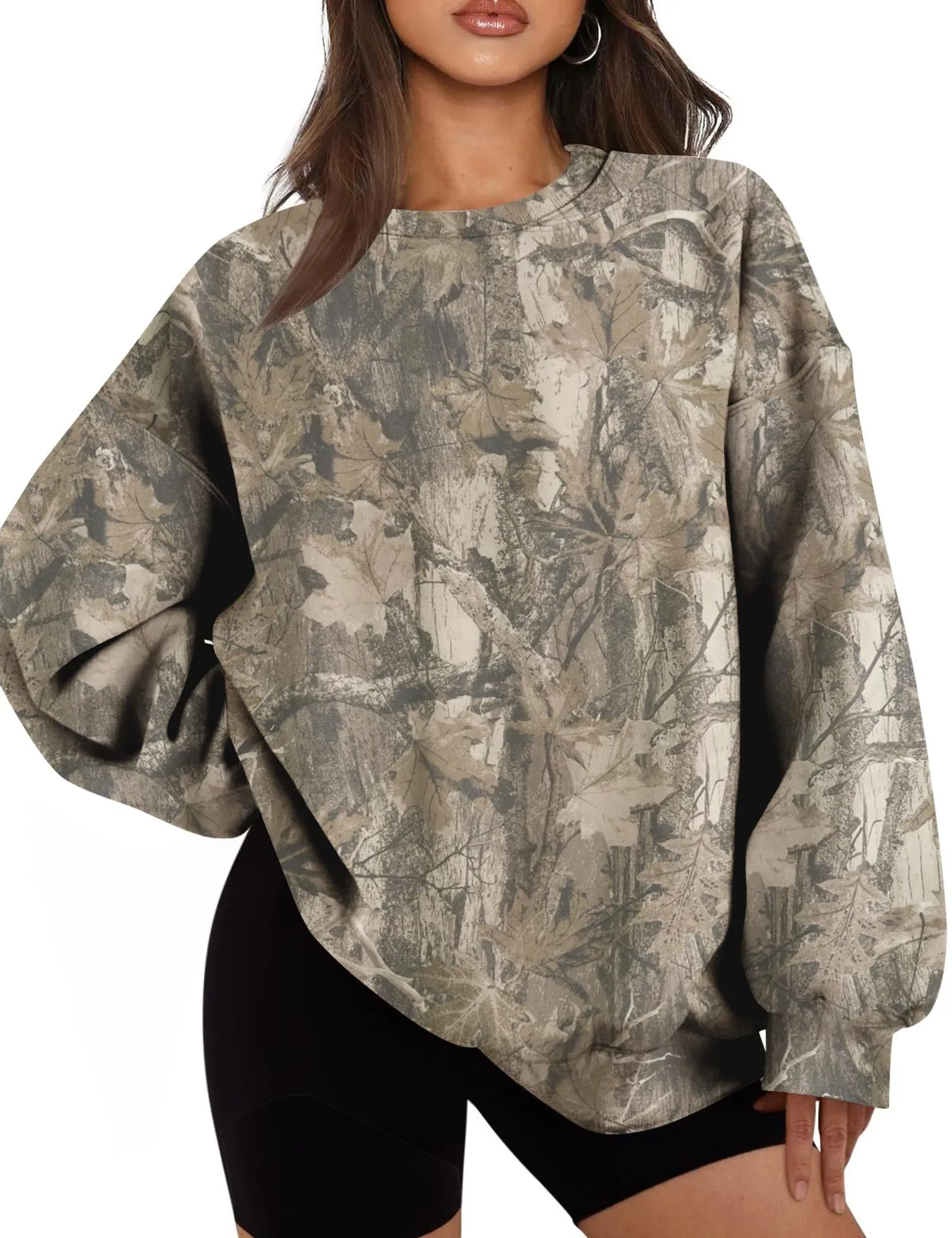Printed Loose Fit Hoodie Mid Length Western Style with Floral Pattern Long Sleeve Casual Round Neck Crew Neck Women Sweatshirt