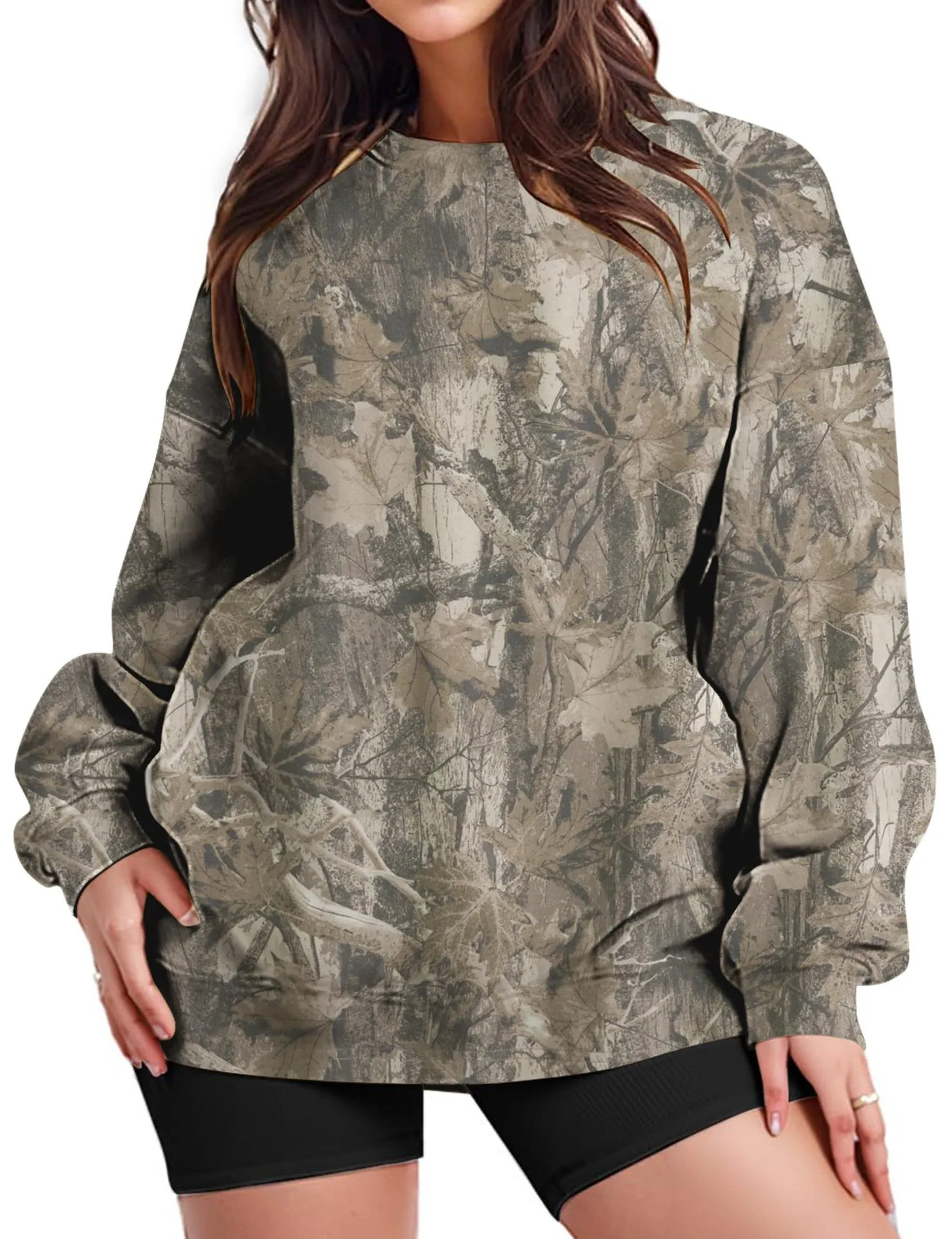 Printed Loose Fit Hoodie Mid Length Western Style with Floral Pattern Long Sleeve Casual Round Neck Crew Neck Women Sweatshirt