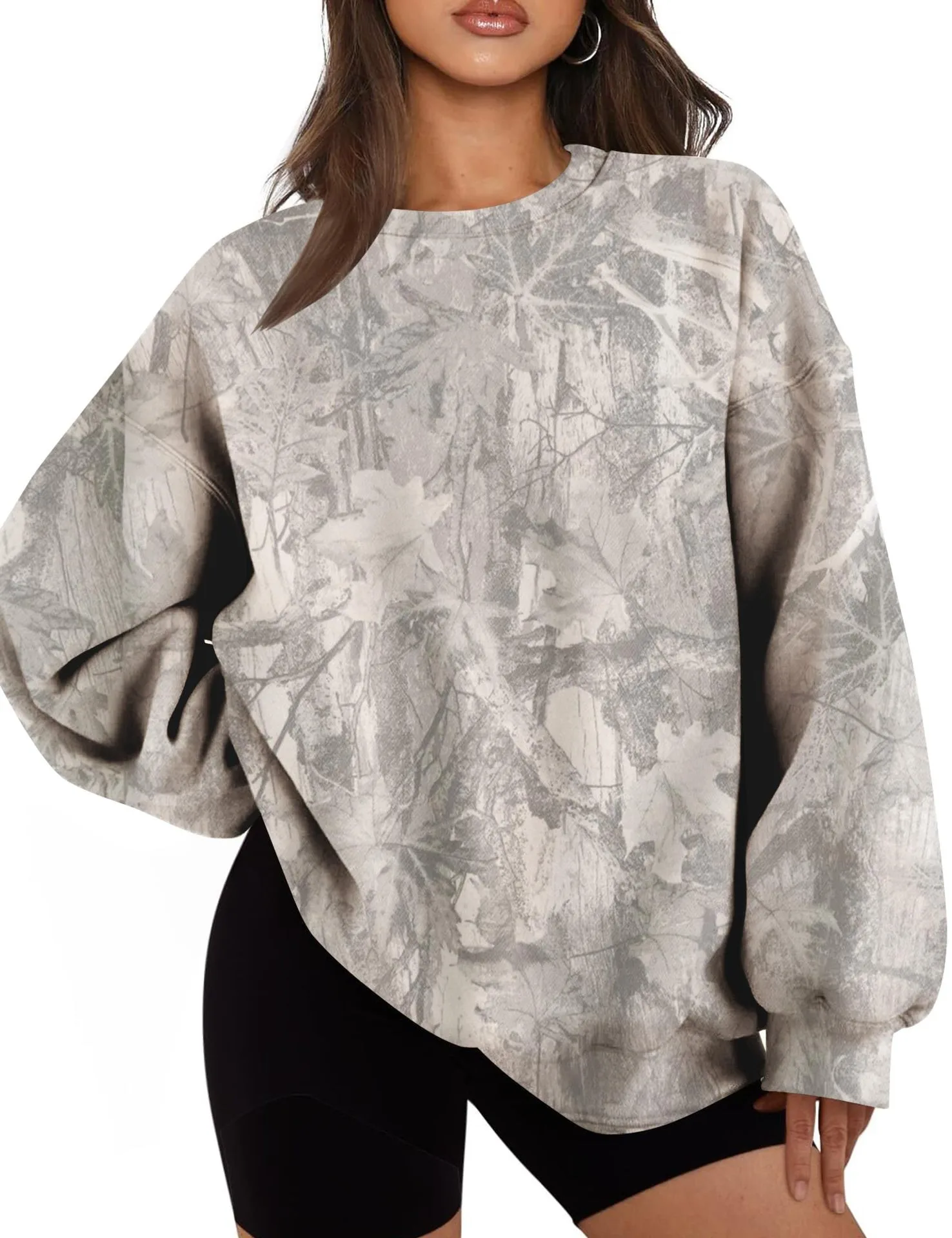 Printed Loose Fit Hoodie Mid Length Western Style with Floral Pattern Long Sleeve Casual Round Neck Crew Neck Women Sweatshirt