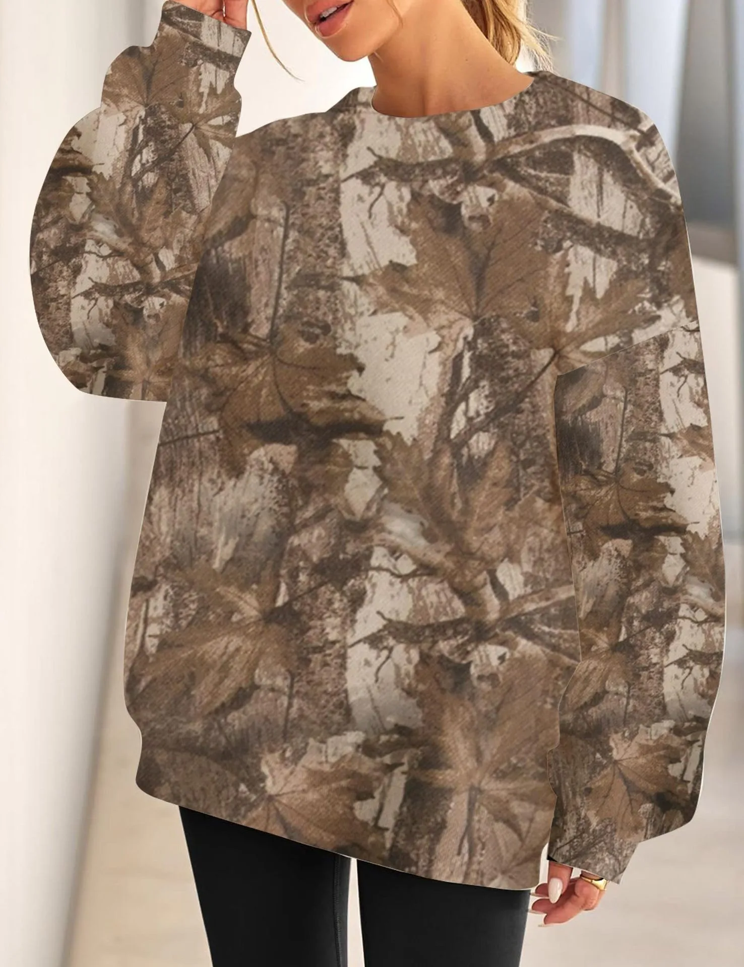 Printed Loose Fit Hoodie Mid Length Western Style with Floral Pattern Long Sleeve Casual Round Neck Crew Neck Women Sweatshirt
