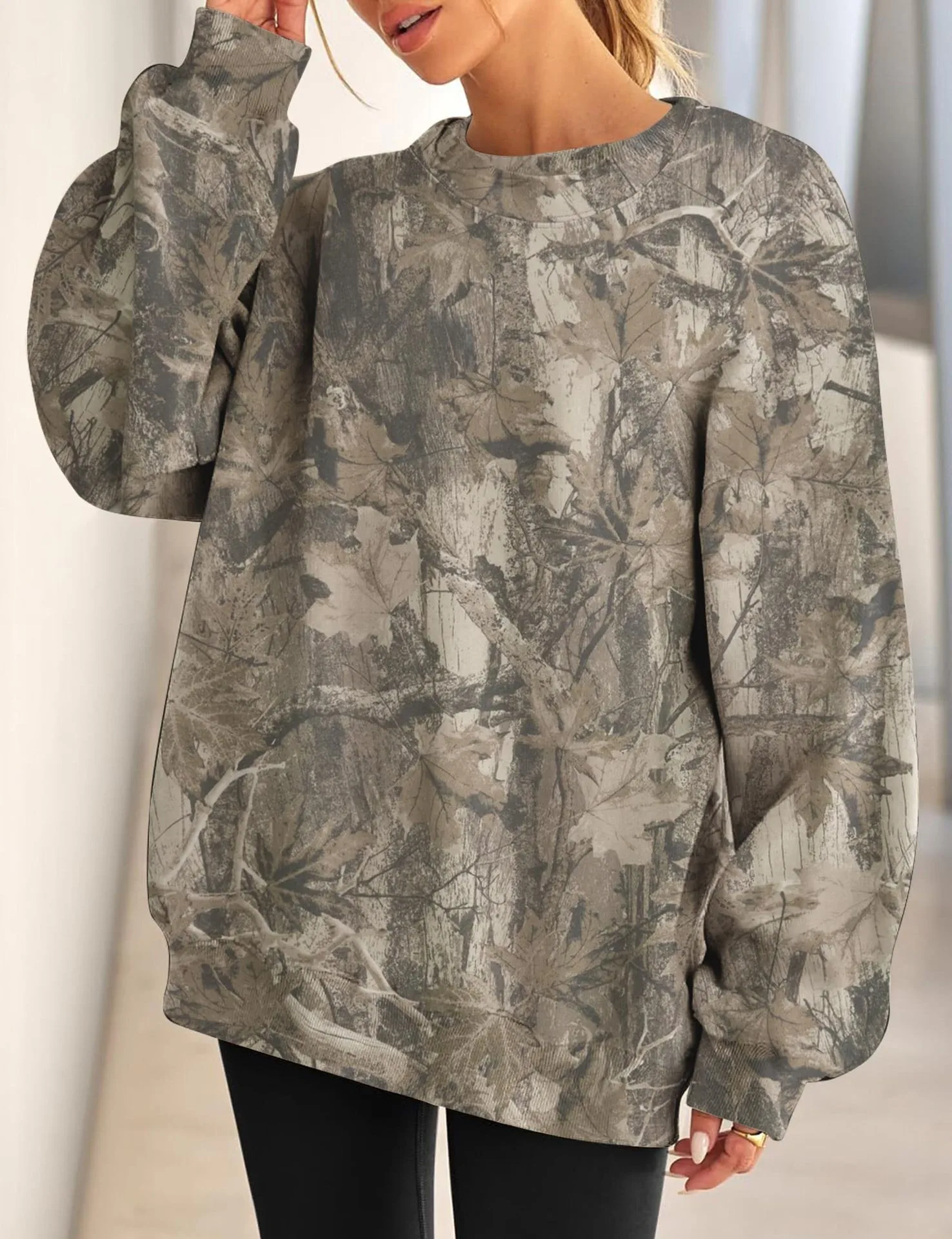 Printed Loose Fit Hoodie Mid Length Western Style with Floral Pattern Long Sleeve Casual Round Neck Crew Neck Women Sweatshirt