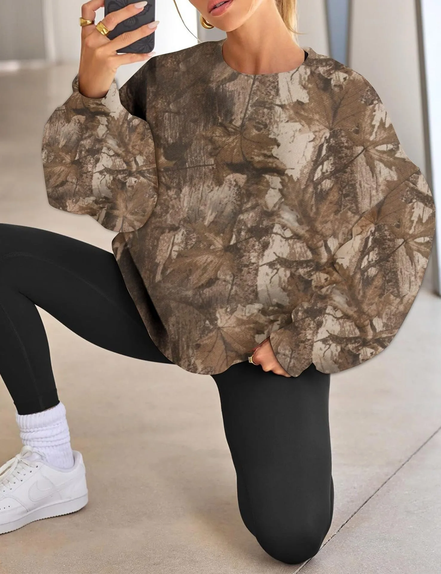 Printed Loose Fit Hoodie Mid Length Western Style with Floral Pattern Long Sleeve Casual Round Neck Crew Neck Women Sweatshirt