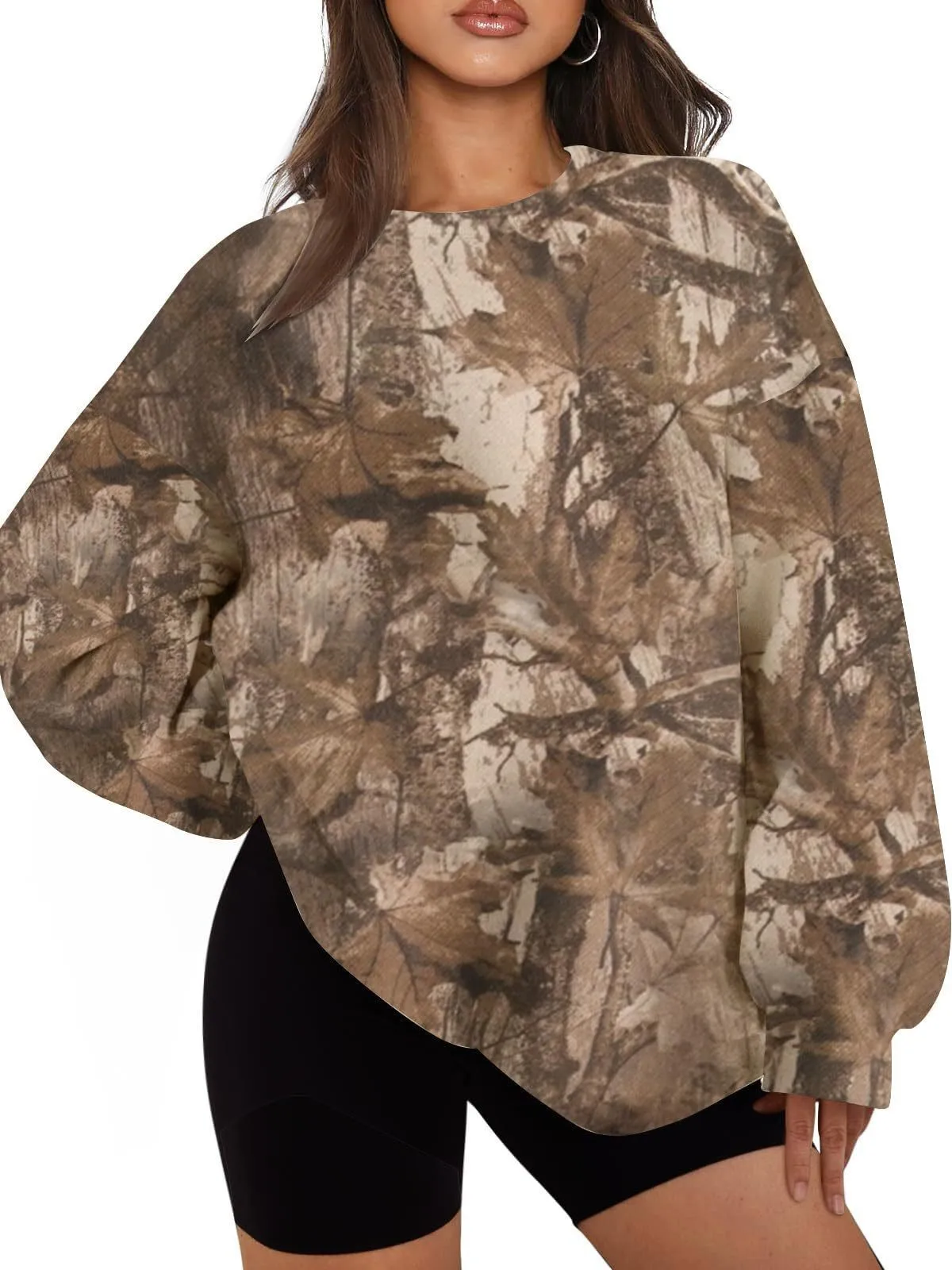 Printed Loose Fit Hoodie Mid Length Western Style with Floral Pattern Long Sleeve Casual Round Neck Crew Neck Women Sweatshirt