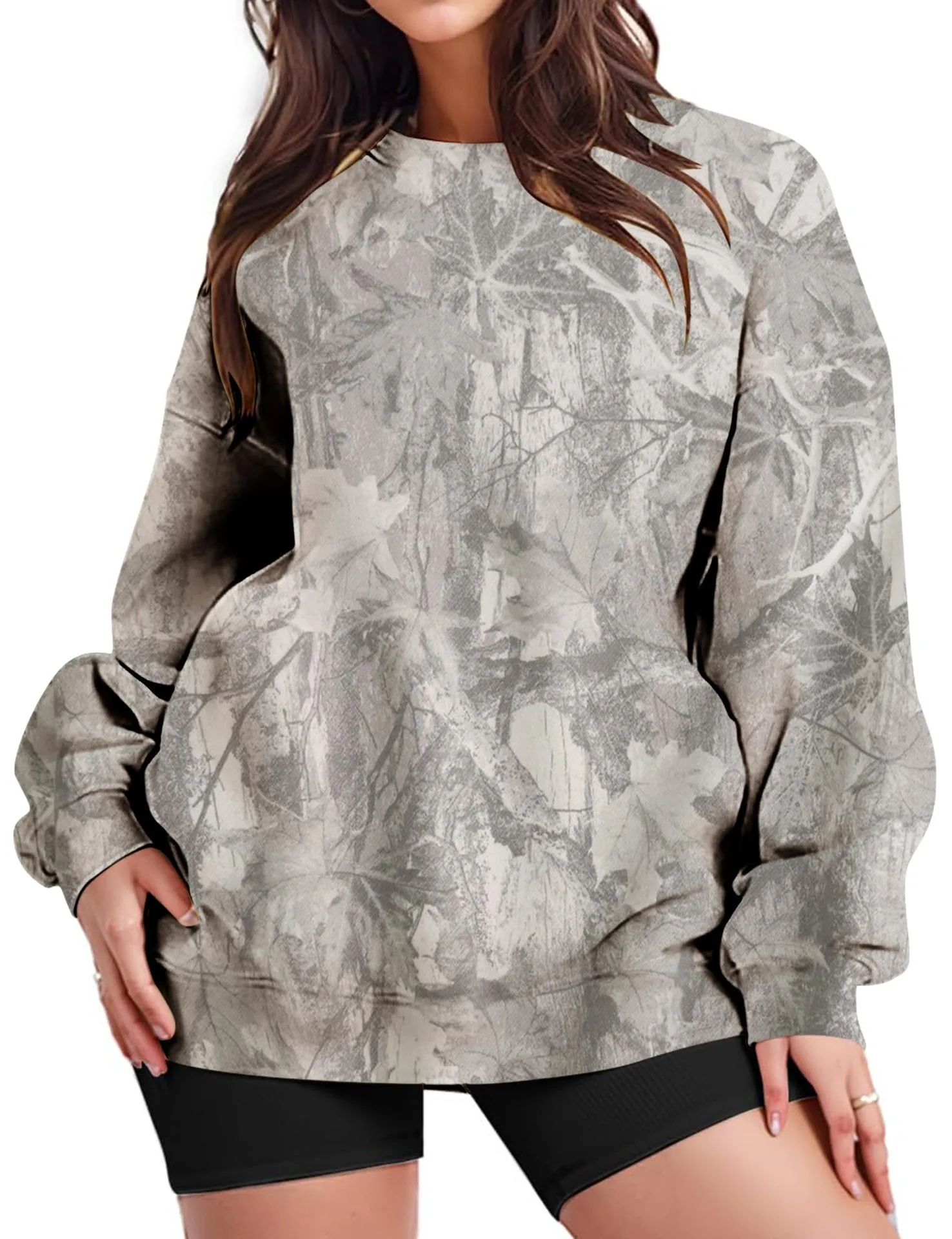 Printed Loose Fit Hoodie Mid Length Western Style with Floral Pattern Long Sleeve Casual Round Neck Crew Neck Women Sweatshirt