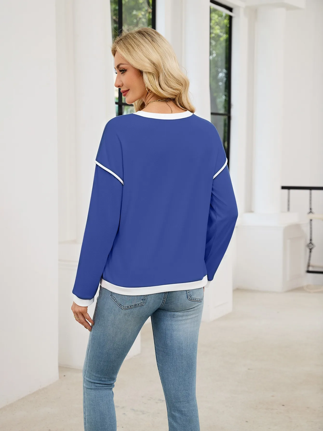 Casual Crew Neck Hoodie Loose Fit American and European Style with Long Sleeve Patchwork Regular Length Pullover for Women