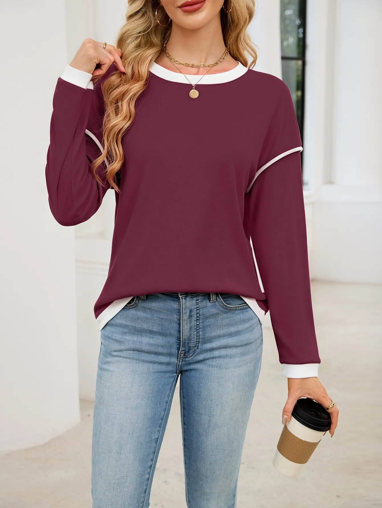 Casual Crew Neck Hoodie Loose Fit American and European Style with Long Sleeve Patchwork Regular Length Pullover for Women