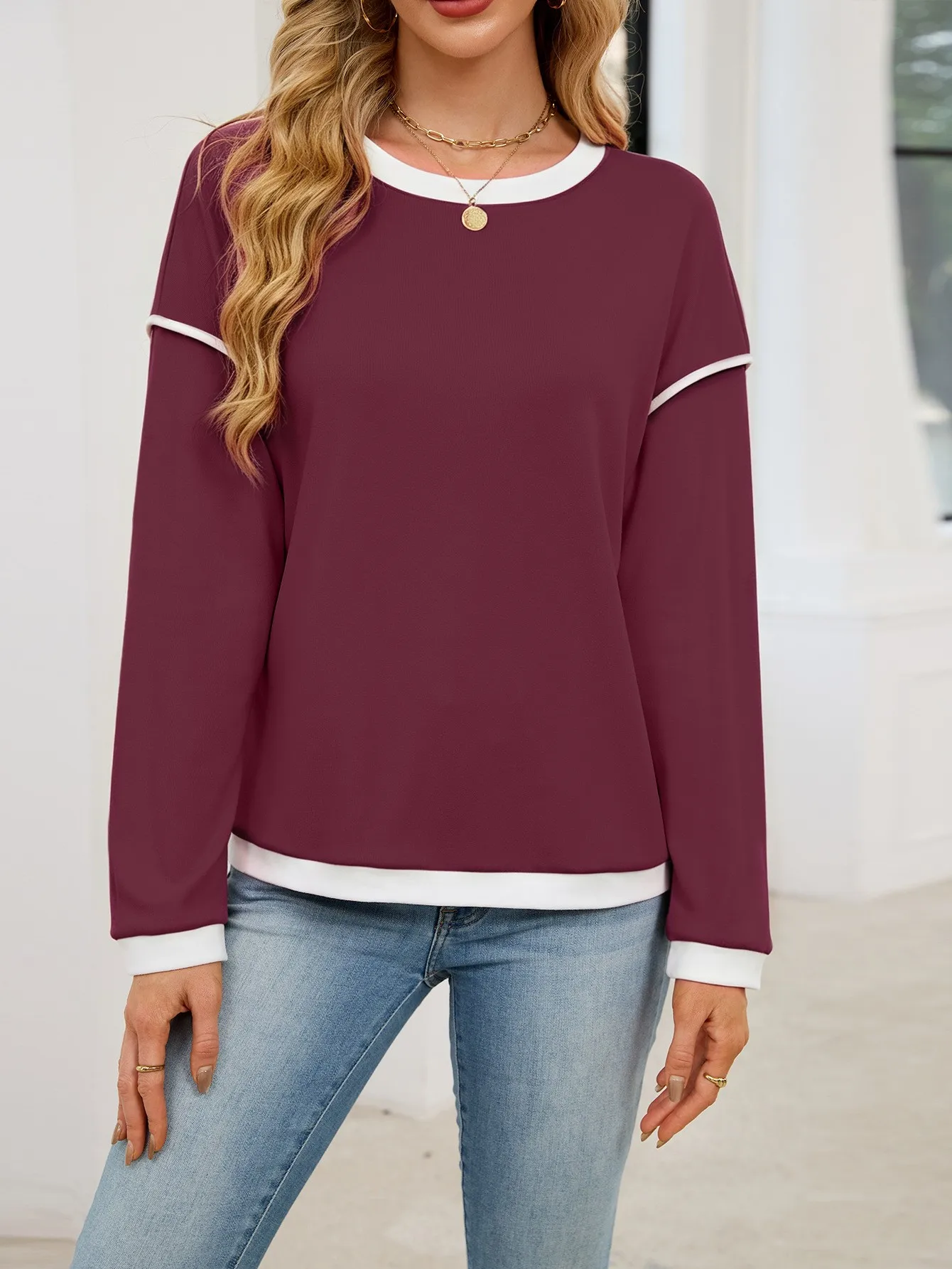 Casual Crew Neck Hoodie Loose Fit American and European Style with Long Sleeve Patchwork Regular Length Pullover for Women